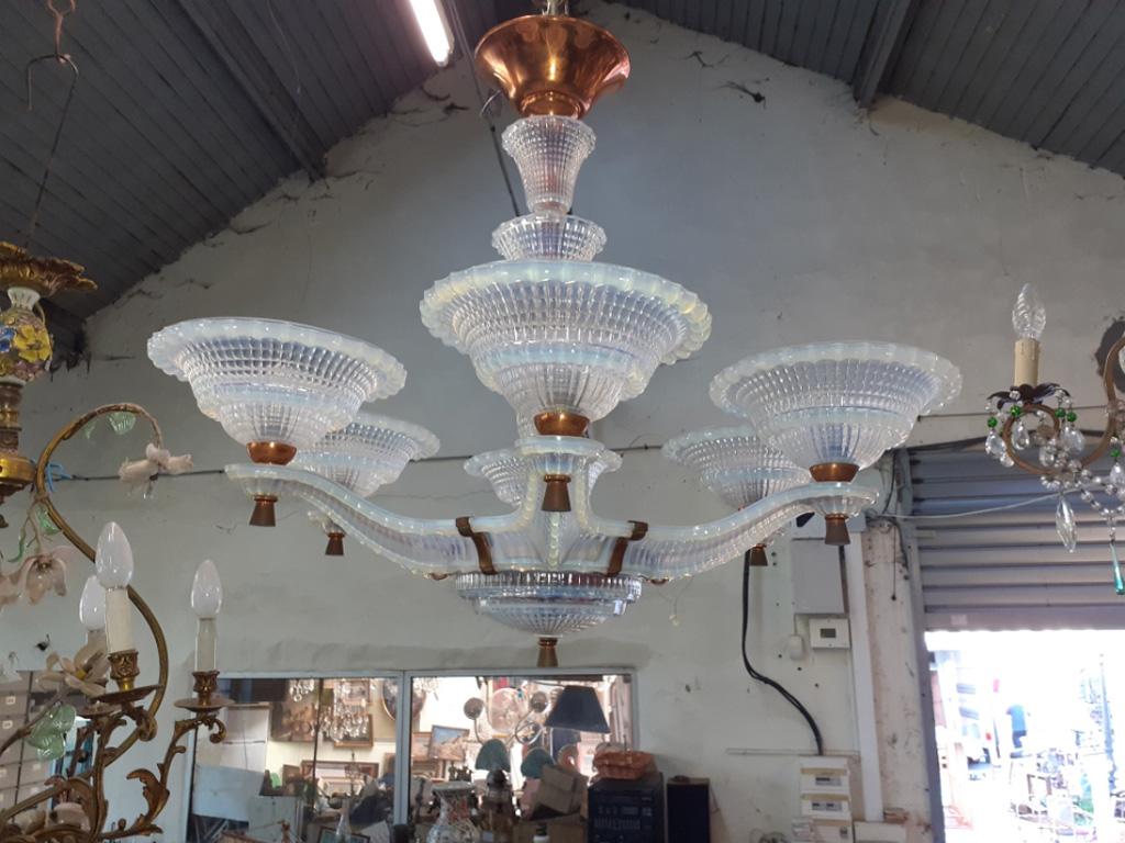 Large opalescent, frosted Art Glass, six-arm chandelier signed Ezan.
