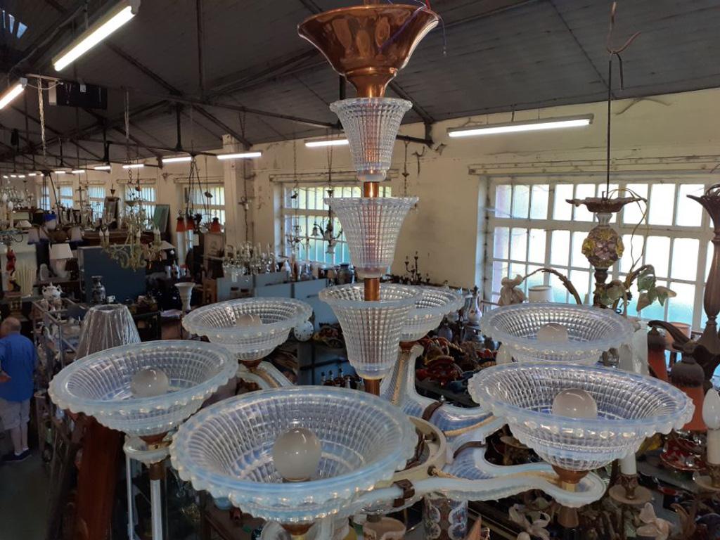 Large Opalescent, Frosted Art Glass, Six-Arm Chandelier Signed Ezan In Good Condition In Saint-Ouen, FR
