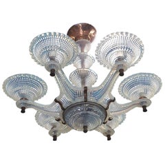 Large Opalescent, Frosted Art Glass, Six-Arm Chandelier Signed Ezan