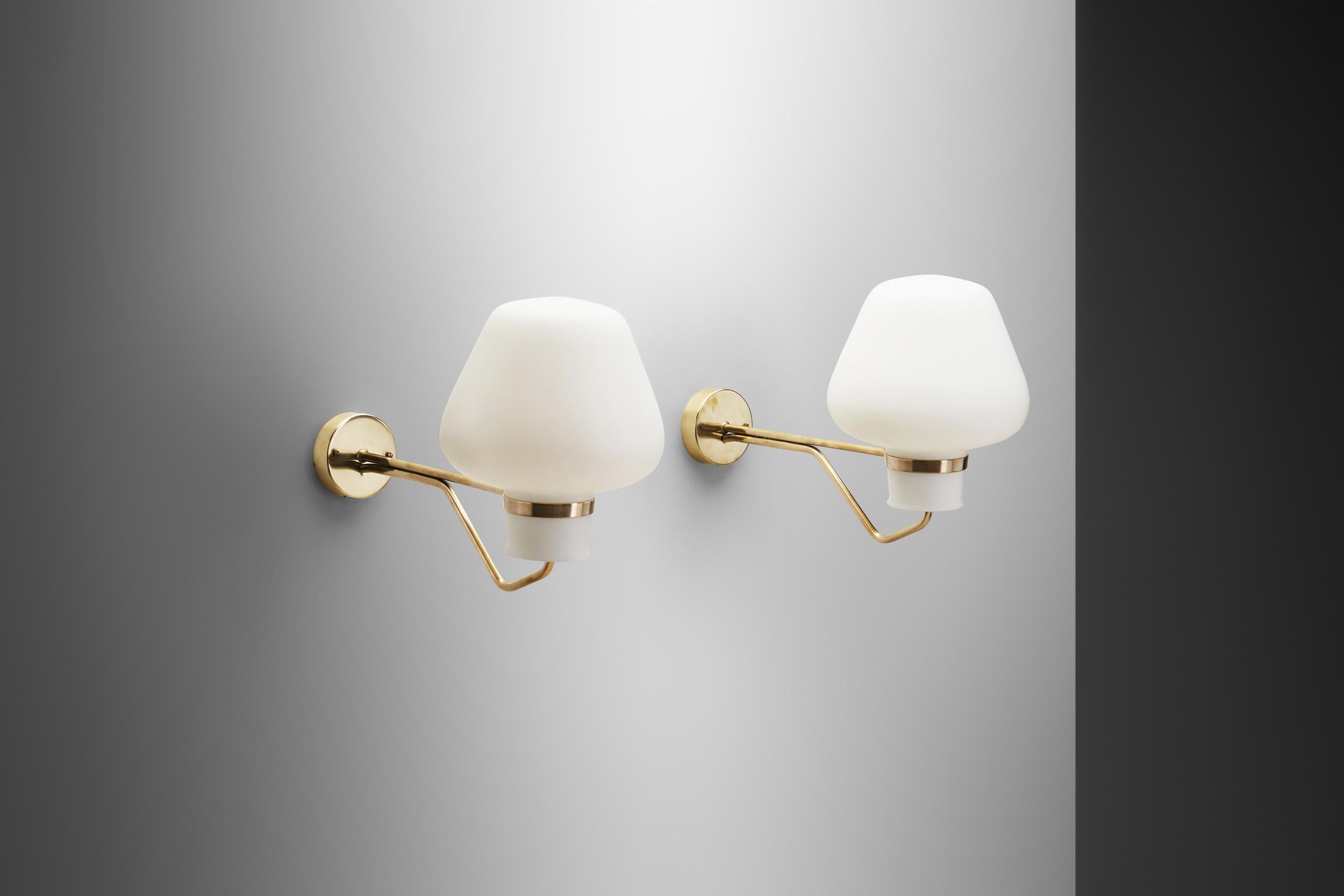 Mid-Century Modern Large Opaline Glass and Brass Wall Lamps by Erik Gunnar Asplund, Sweden 1940s For Sale