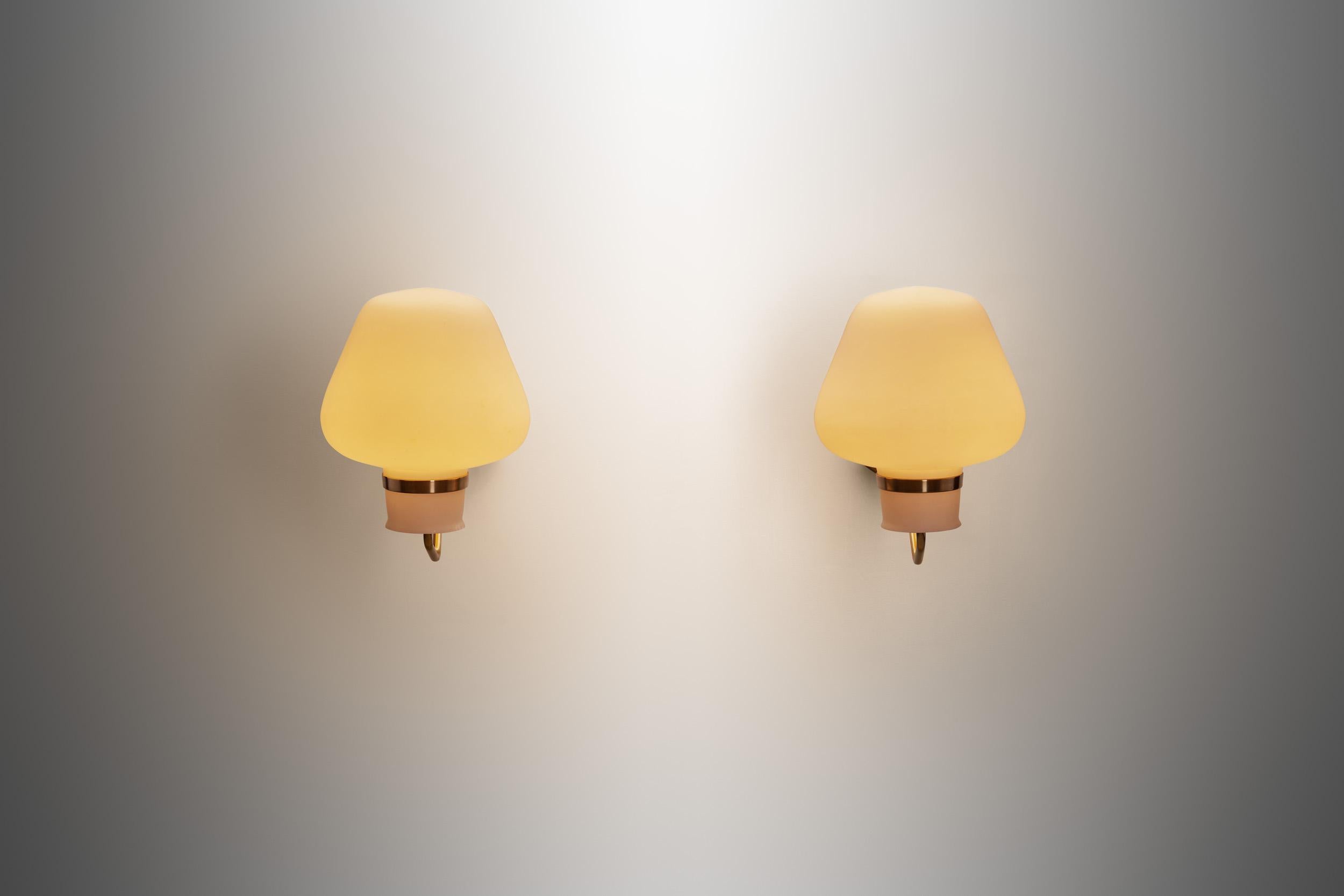 Mid-20th Century Large Opaline Glass and Brass Wall Lamps by Erik Gunnar Asplund, Sweden 1940s For Sale