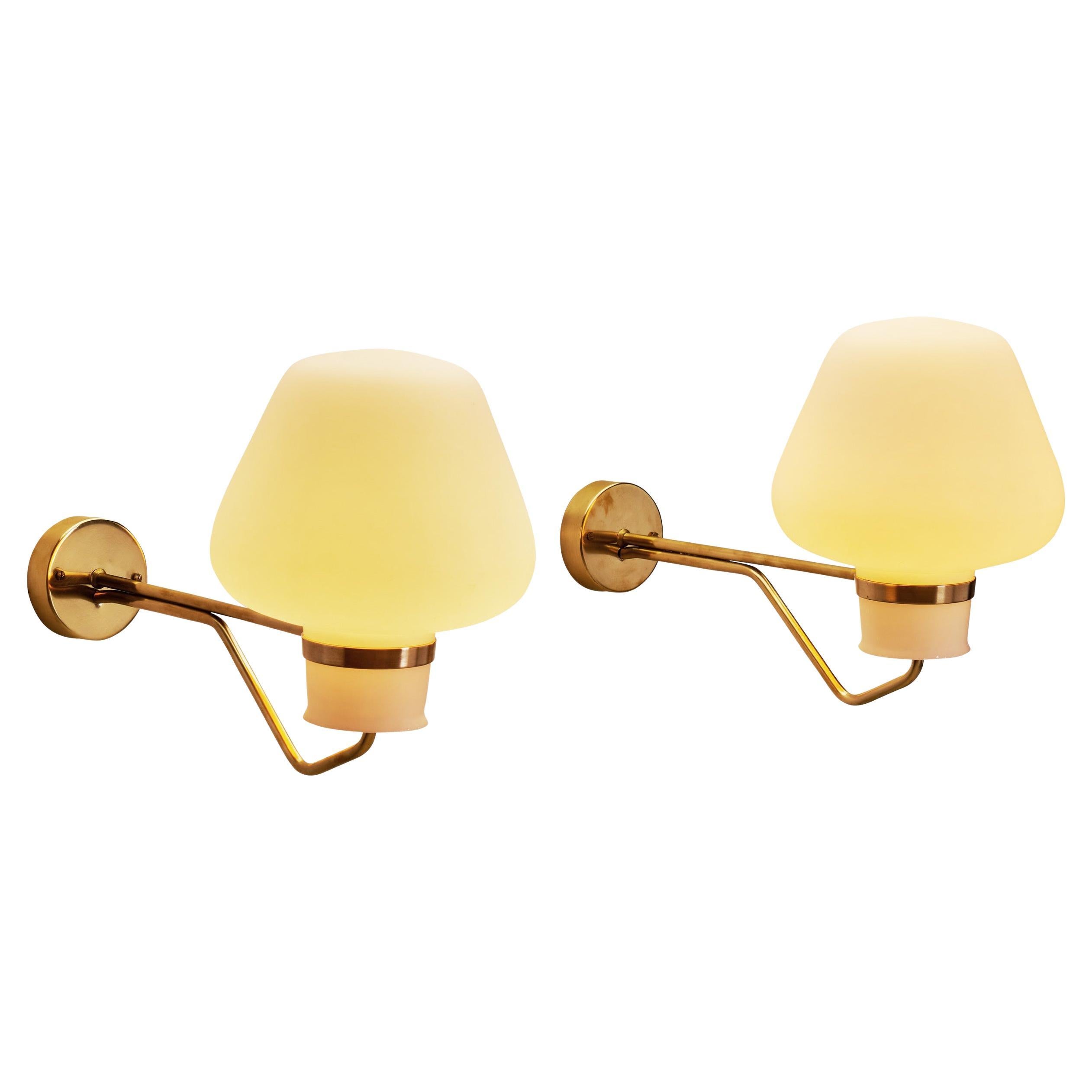 Large Opaline Glass and Brass Wall Lamps by Erik Gunnar Asplund, Sweden 1940s For Sale