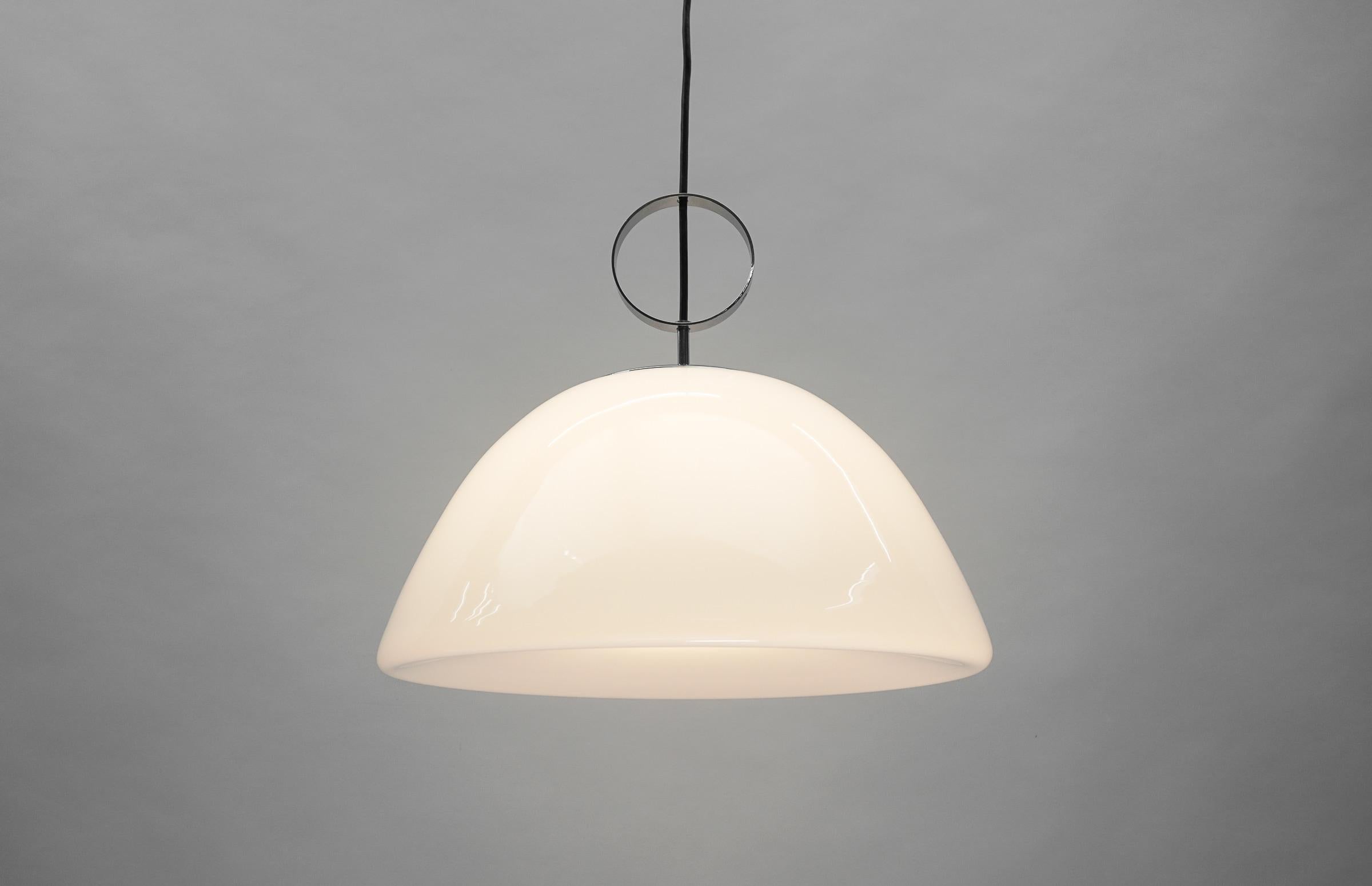 Mid-Century Modern Large Opaline Glass and Chrome Pendant Lamp, 1960s For Sale