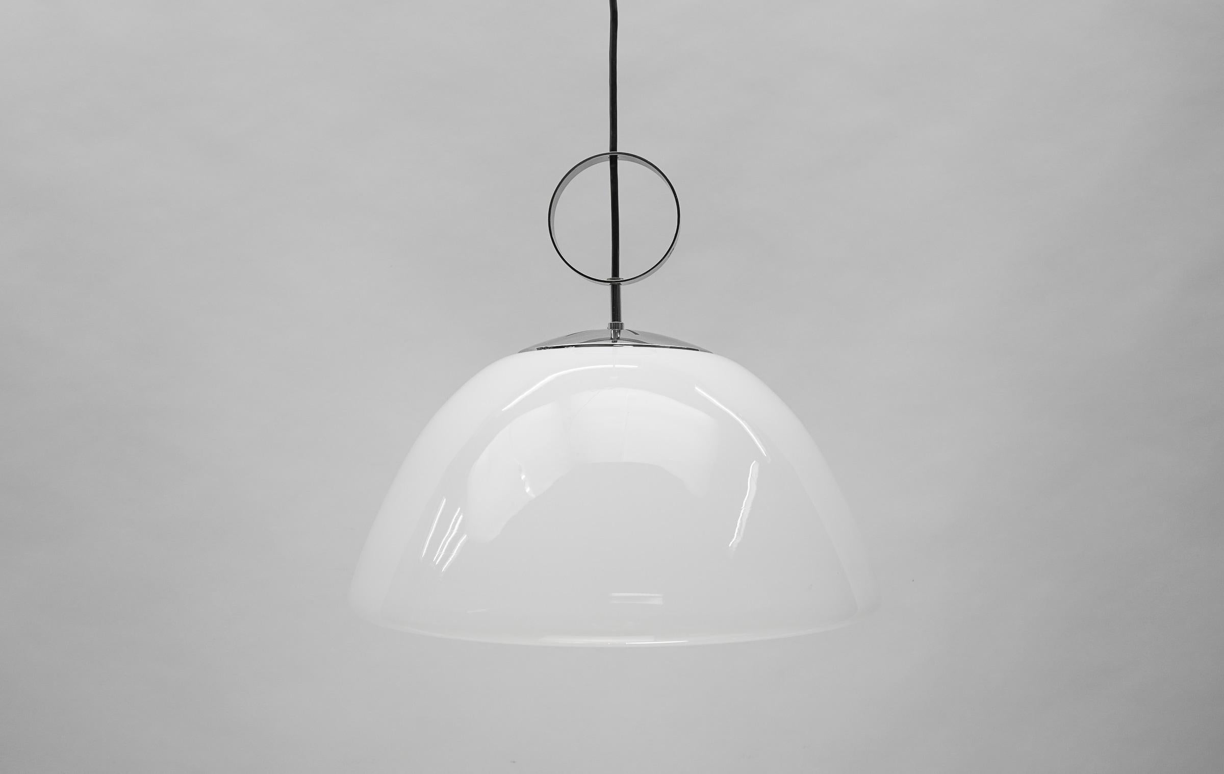 German Large Opaline Glass and Chrome Pendant Lamp, 1960s For Sale
