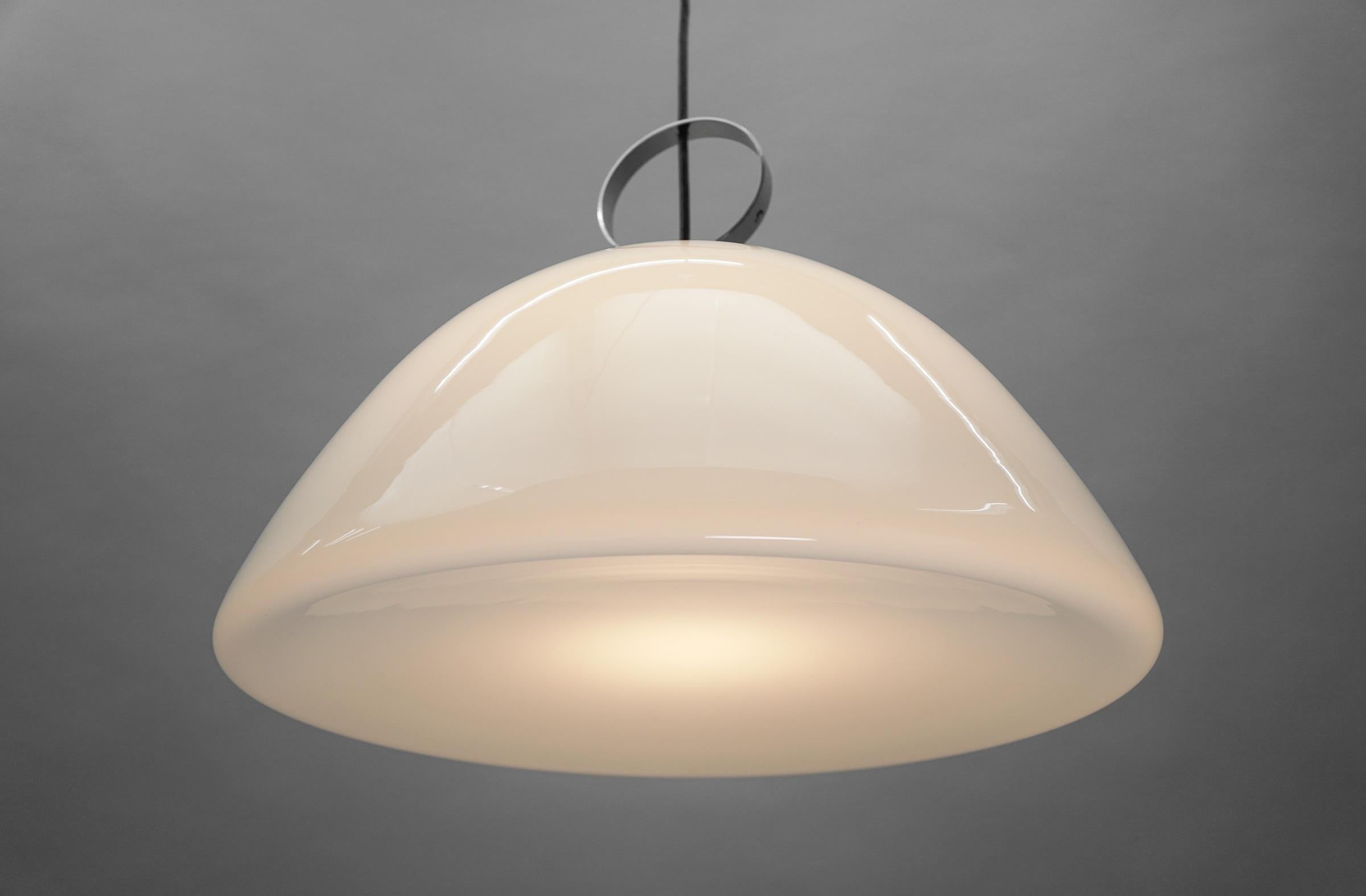 Large Opaline Glass and Chrome Pendant Lamp, 1960s In Good Condition For Sale In Nürnberg, Bayern