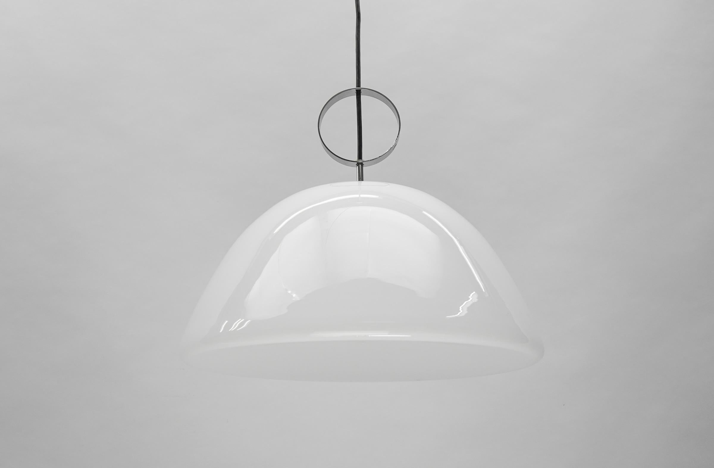 Mid-20th Century Large Opaline Glass and Chrome Pendant Lamp, 1960s For Sale