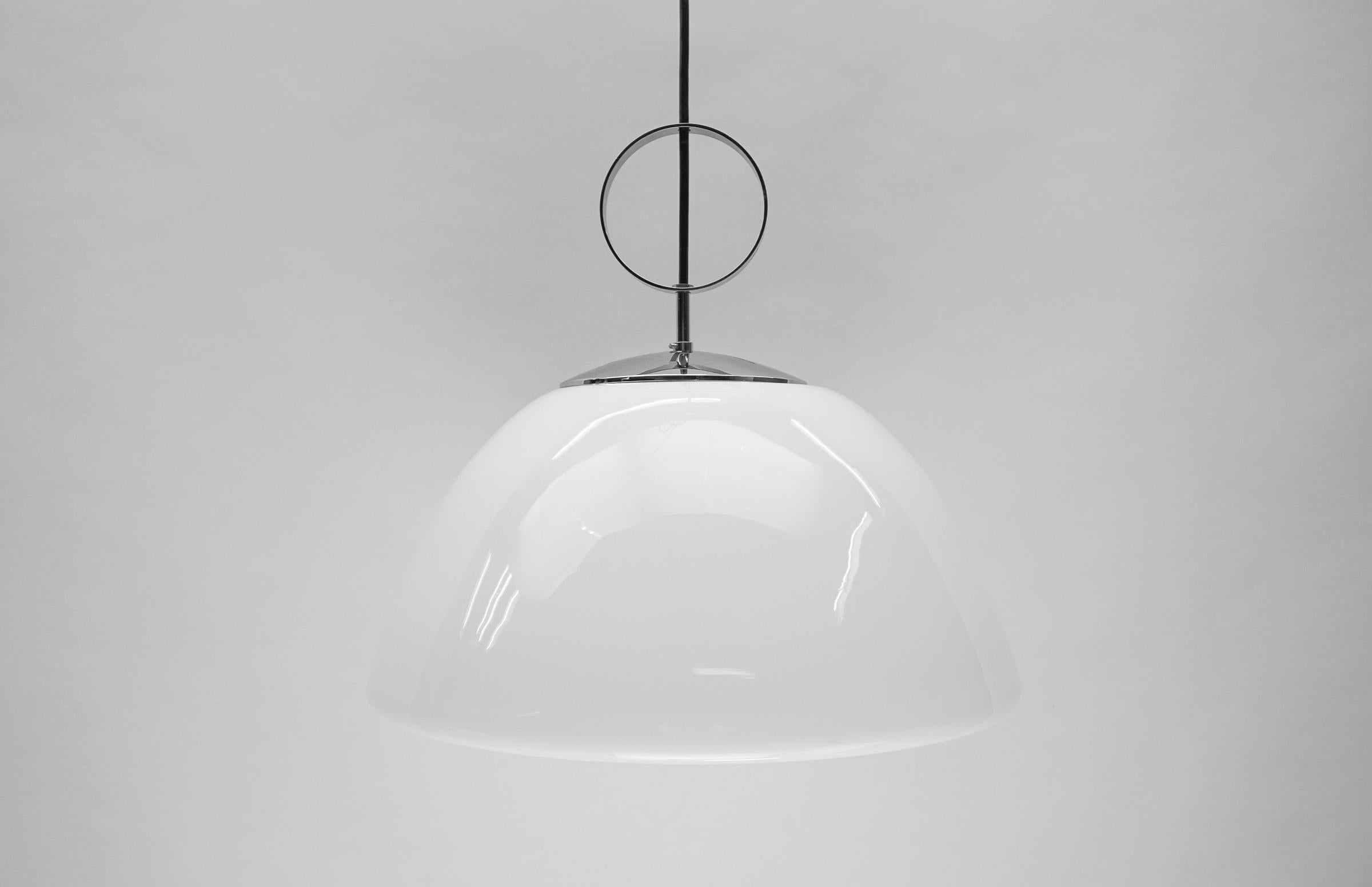 Large Opaline Glass and Chrome Pendant Lamp, 1960s For Sale 1