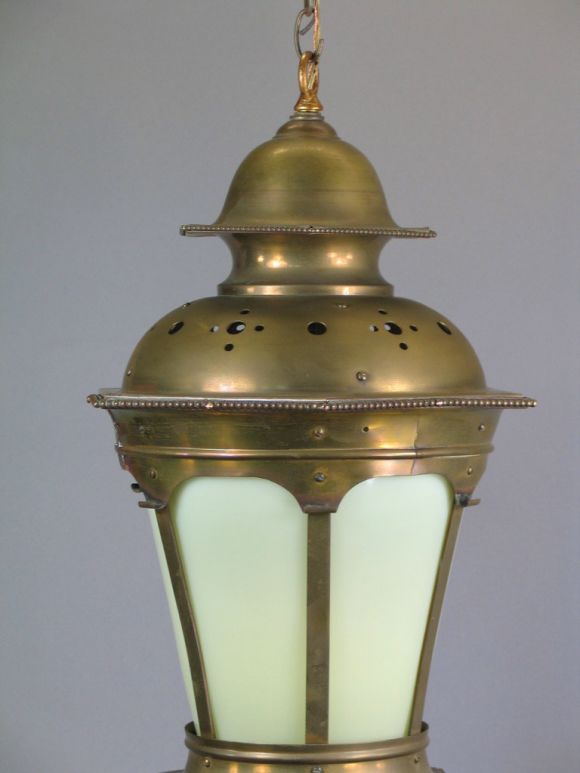 Brass Large Vintage  Opaline Glass Lantern, circa 1920s For Sale
