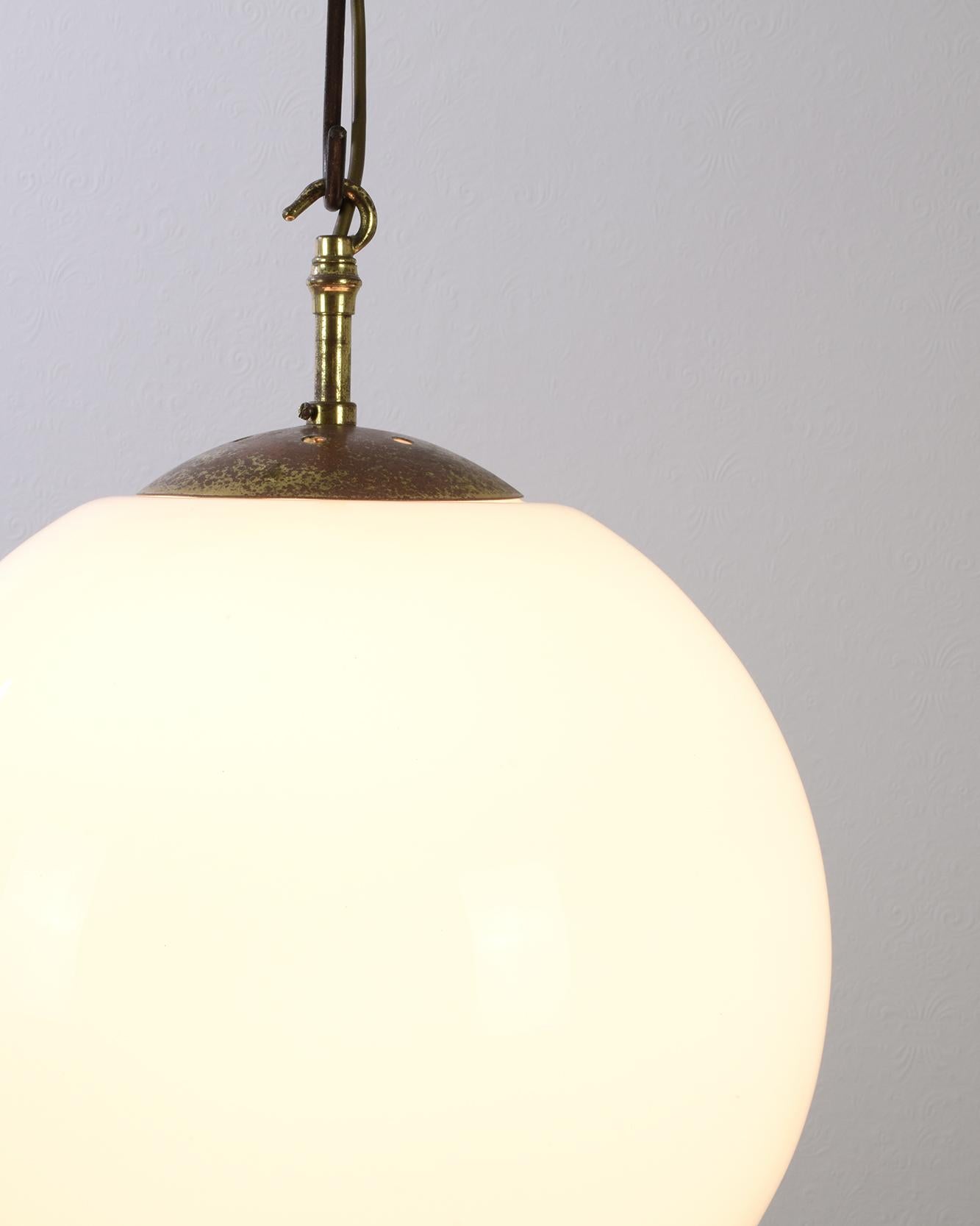 Brass Large Opaline Globe Pendant Lamp, 1930s, British Modernist, Super Provenance