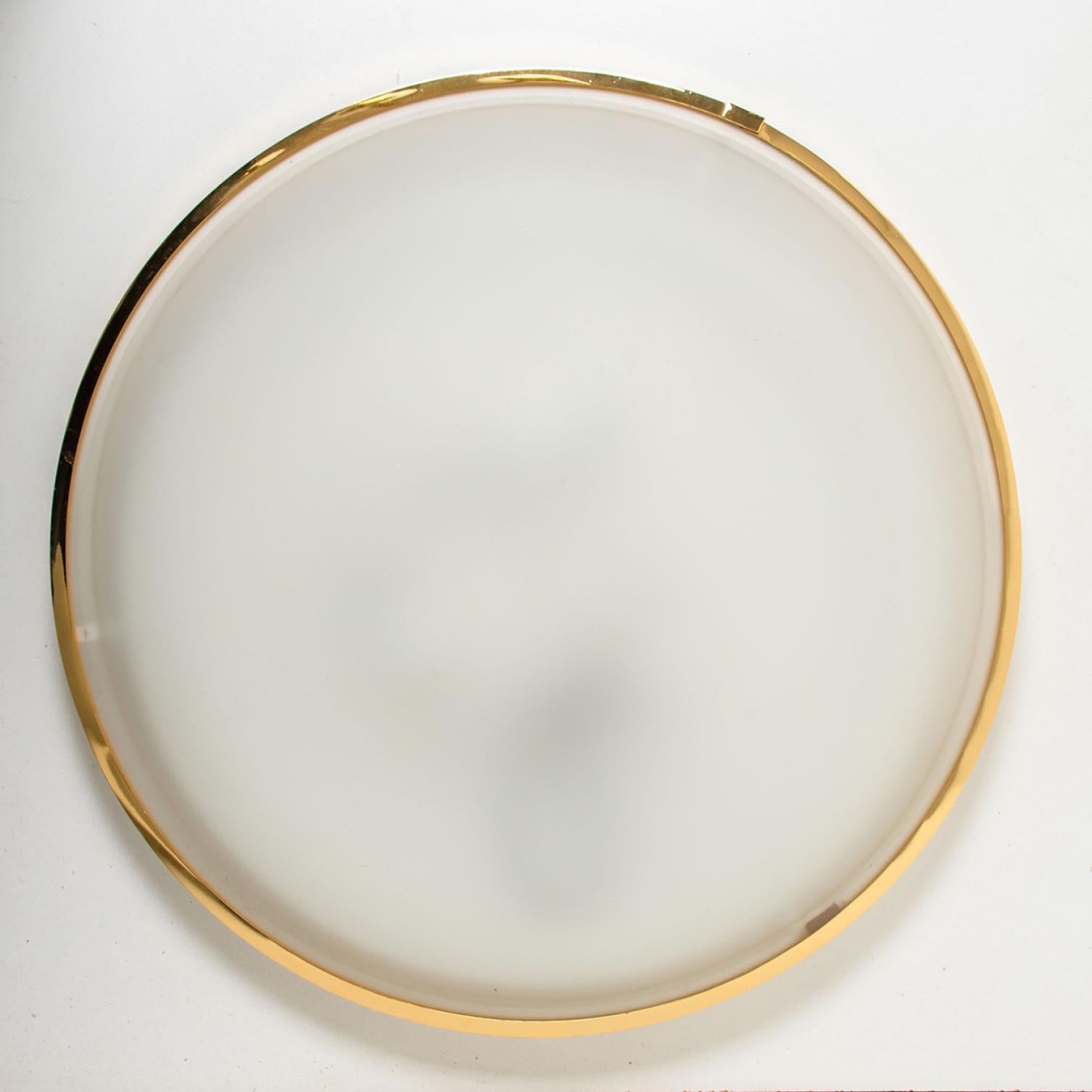 German Large Opaque Glass and Brass Flush Mount by Glashütte Limburg, 1960s For Sale