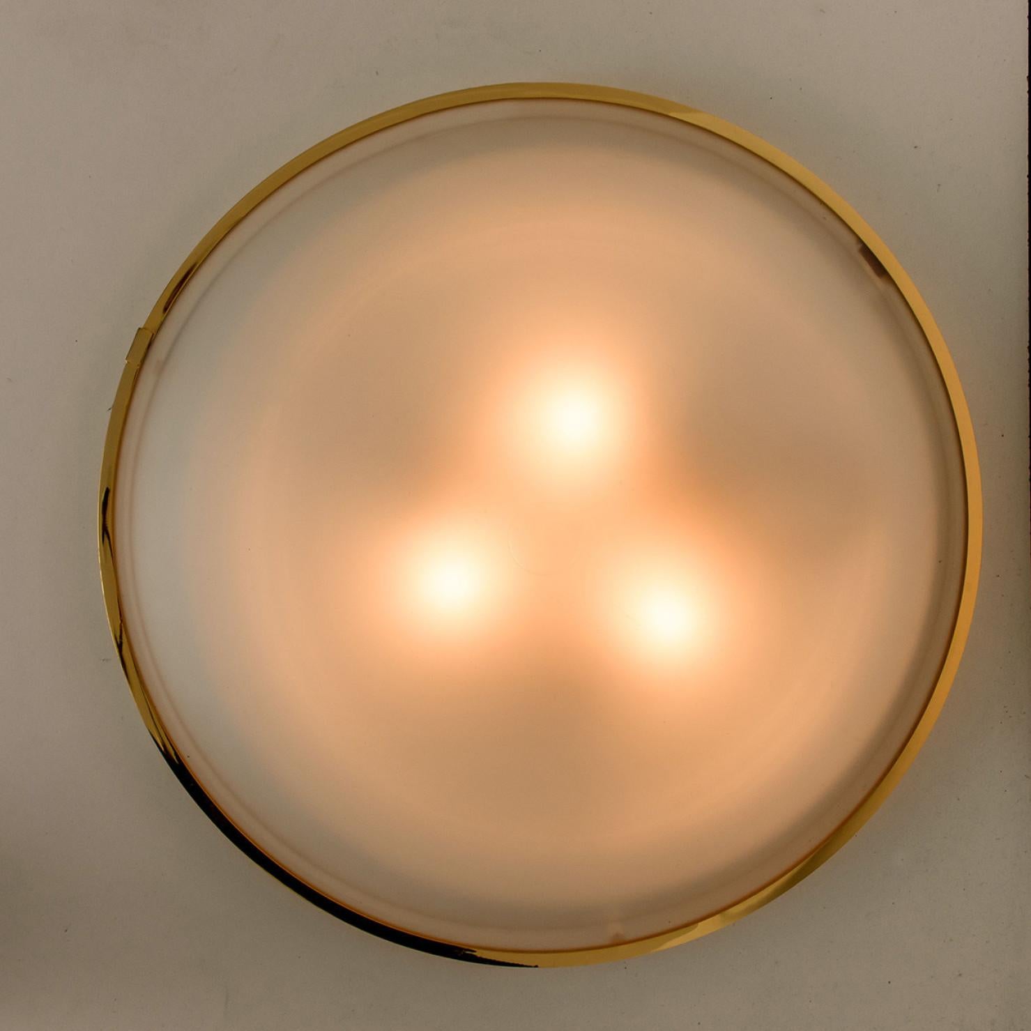 20th Century Large Opaque Glass and Brass Flush Mount by Glashütte Limburg, 1960s For Sale