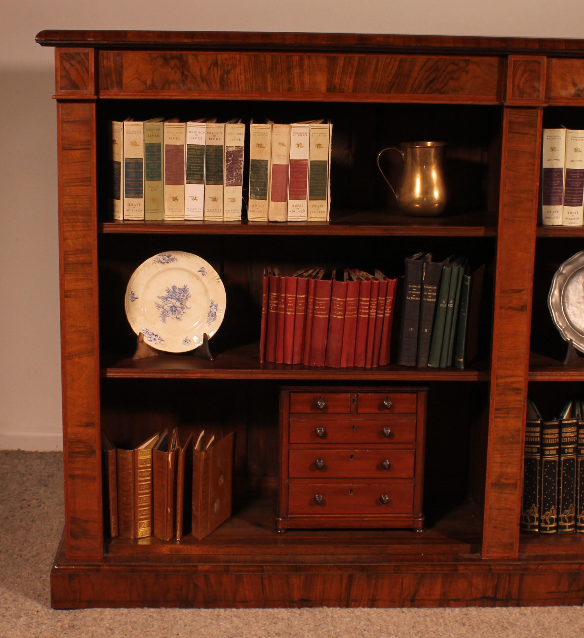 Victorian Large Open Bookcase In Walnut And Inlays From The 19th Century