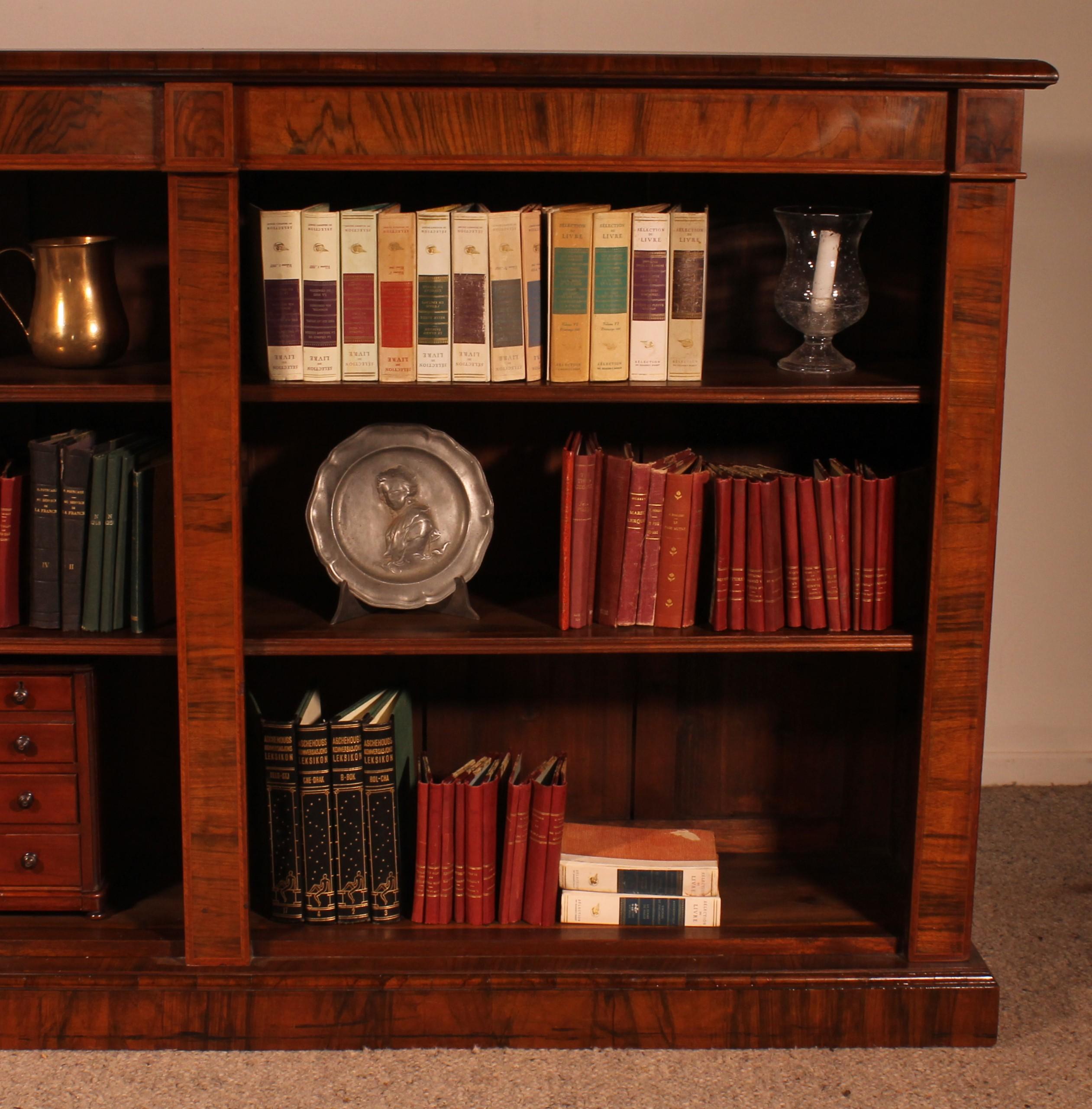 British Large Open Bookcase In Walnut And Inlays From The 19th Century