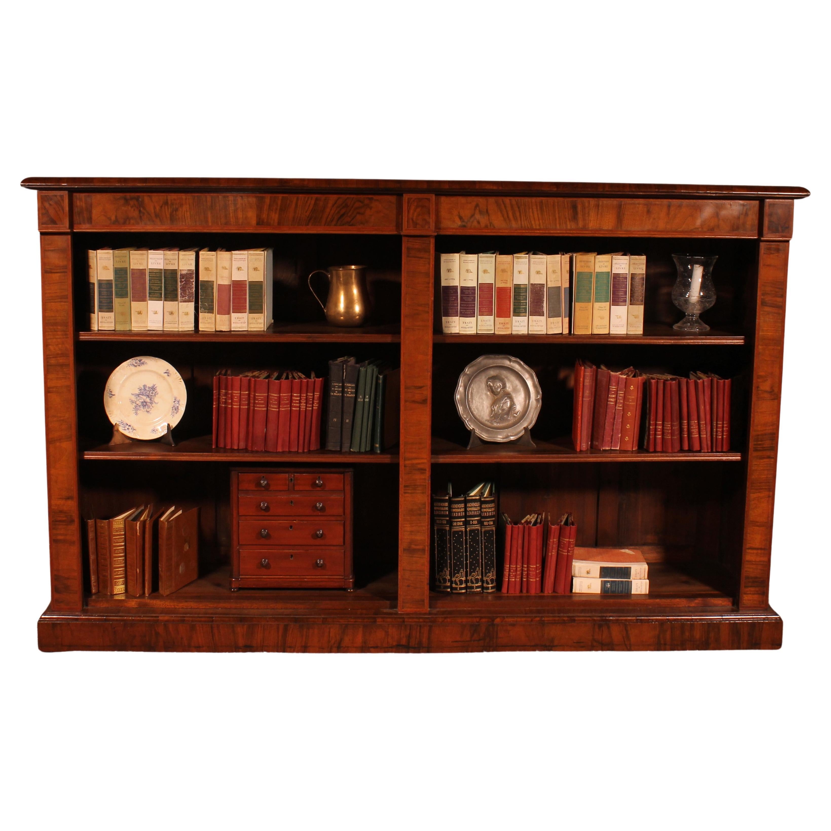 Large Open Bookcase In Walnut And Inlays From The 19th Century