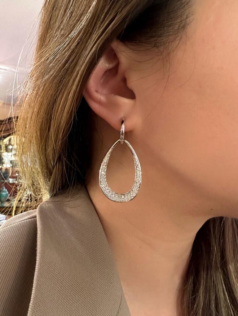 Round Cut Large Open Hoop Pave Diamond Earrings 3.05 carat total weight in 18k White Gold For Sale