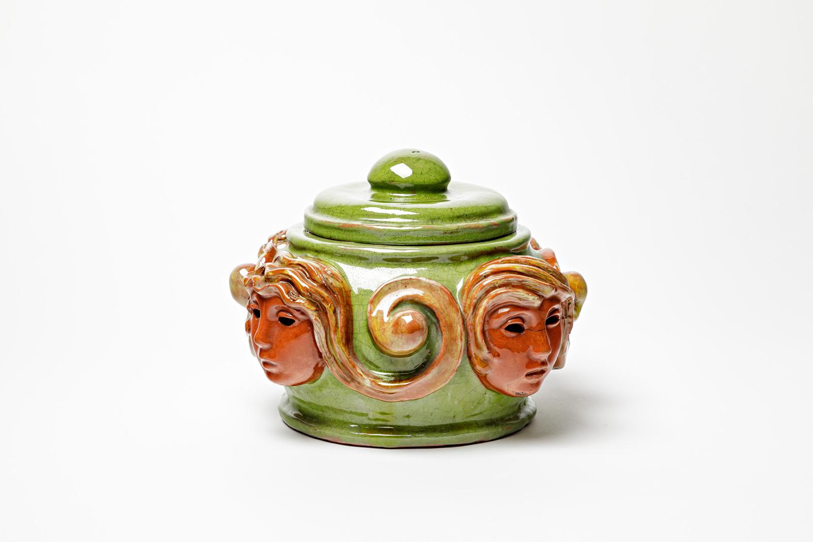 Mid-Century Modern Large orange and green visages art deco decorative box att. to Paul Pouchol For Sale