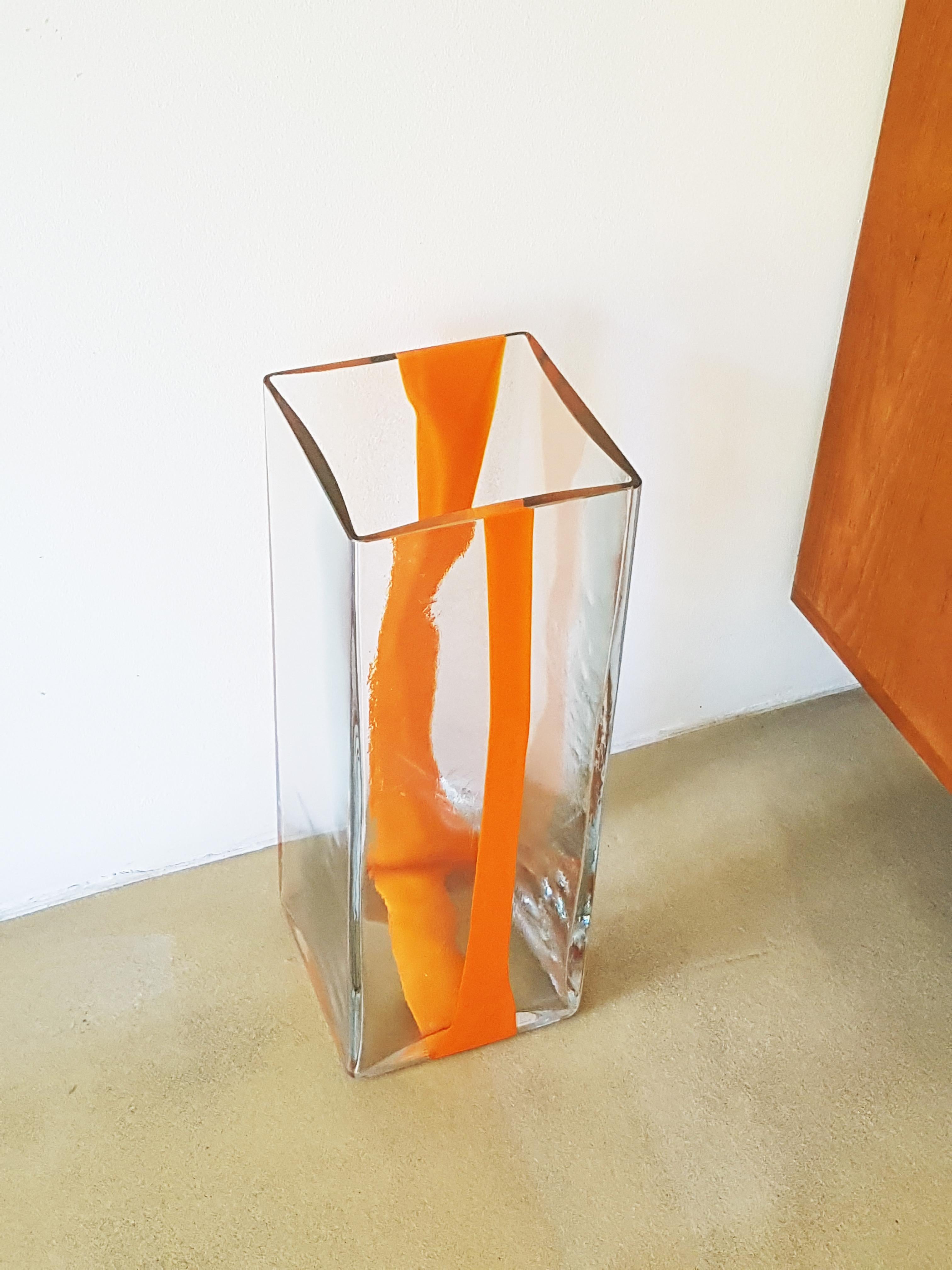 Italian Large orange & clear Murano glass 1970s vase/umbrella stand by Cardin for Venini For Sale