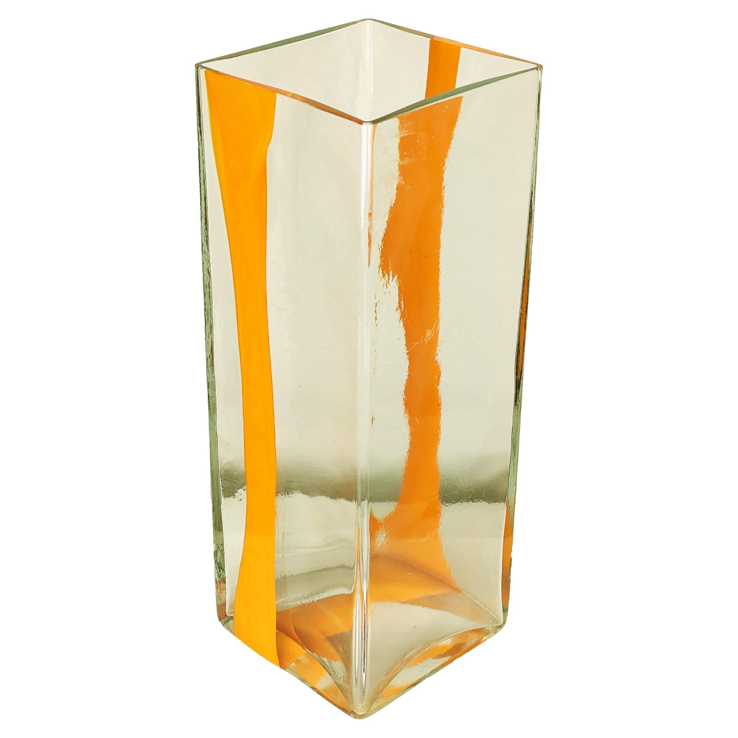 Large orange & clear Murano glass 1970s vase/umbrella stand by Cardin for Venini For Sale