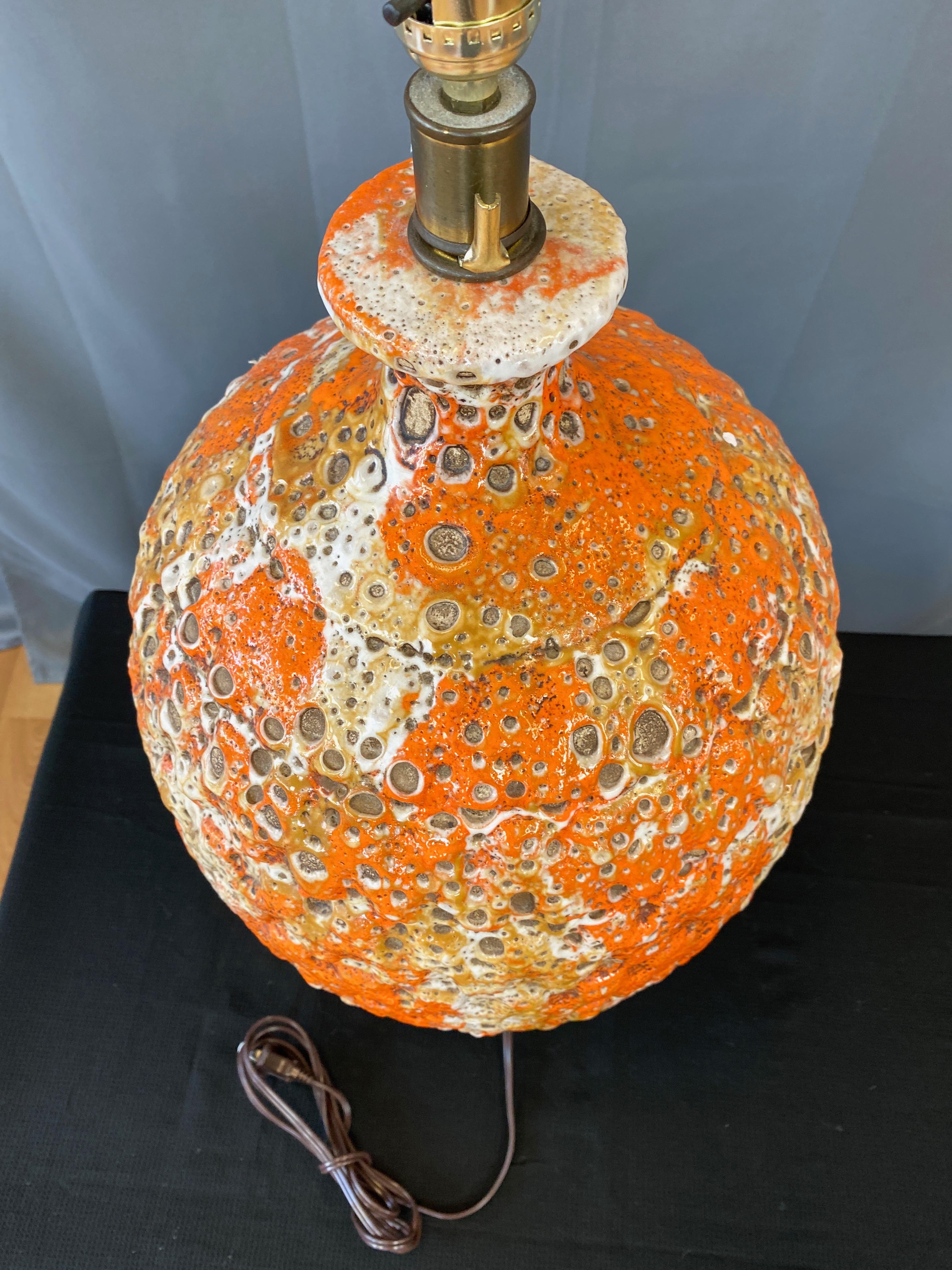Brass Large Orange Fat Lava Glazed Ceramic Table Lamp, 1960s For Sale