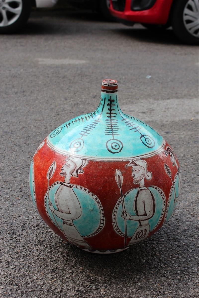 Mid-Century Modern Large Orange Giovanni de Simone 1960 Vase with Picasso Style Warriors For Sale