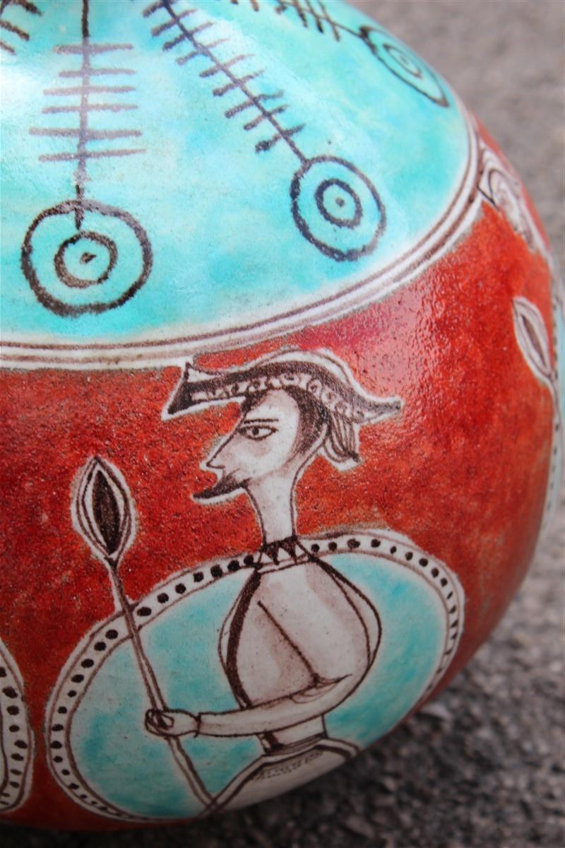 Italian Large Orange Giovanni de Simone 1960 Vase with Picasso Style Warriors For Sale