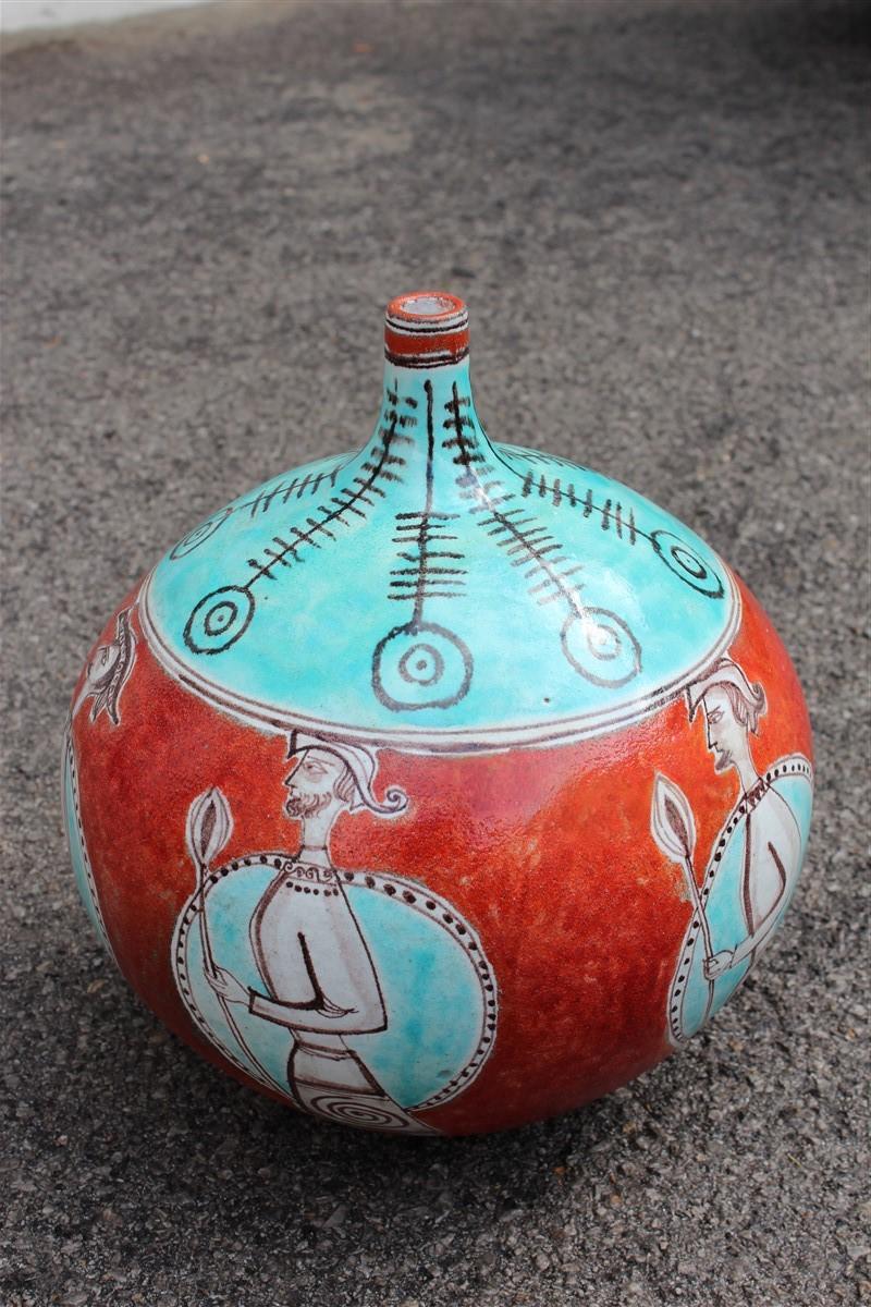 Mid-20th Century Large Orange Giovanni de Simone 1960 Vase with Picasso Style Warriors For Sale