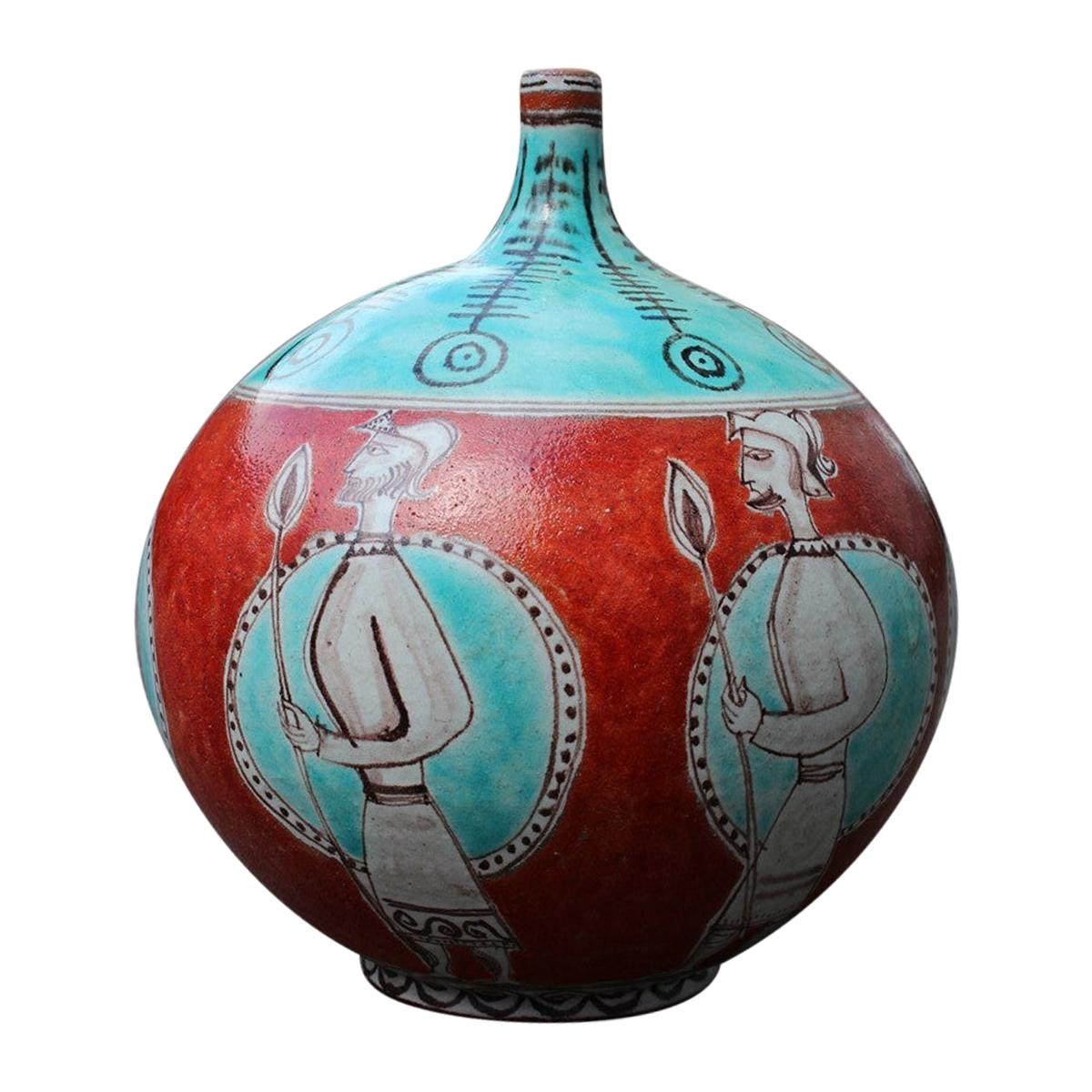 Grande vaso arancione Giovanni de Simone 1960 con guerrieri in stile Picasso