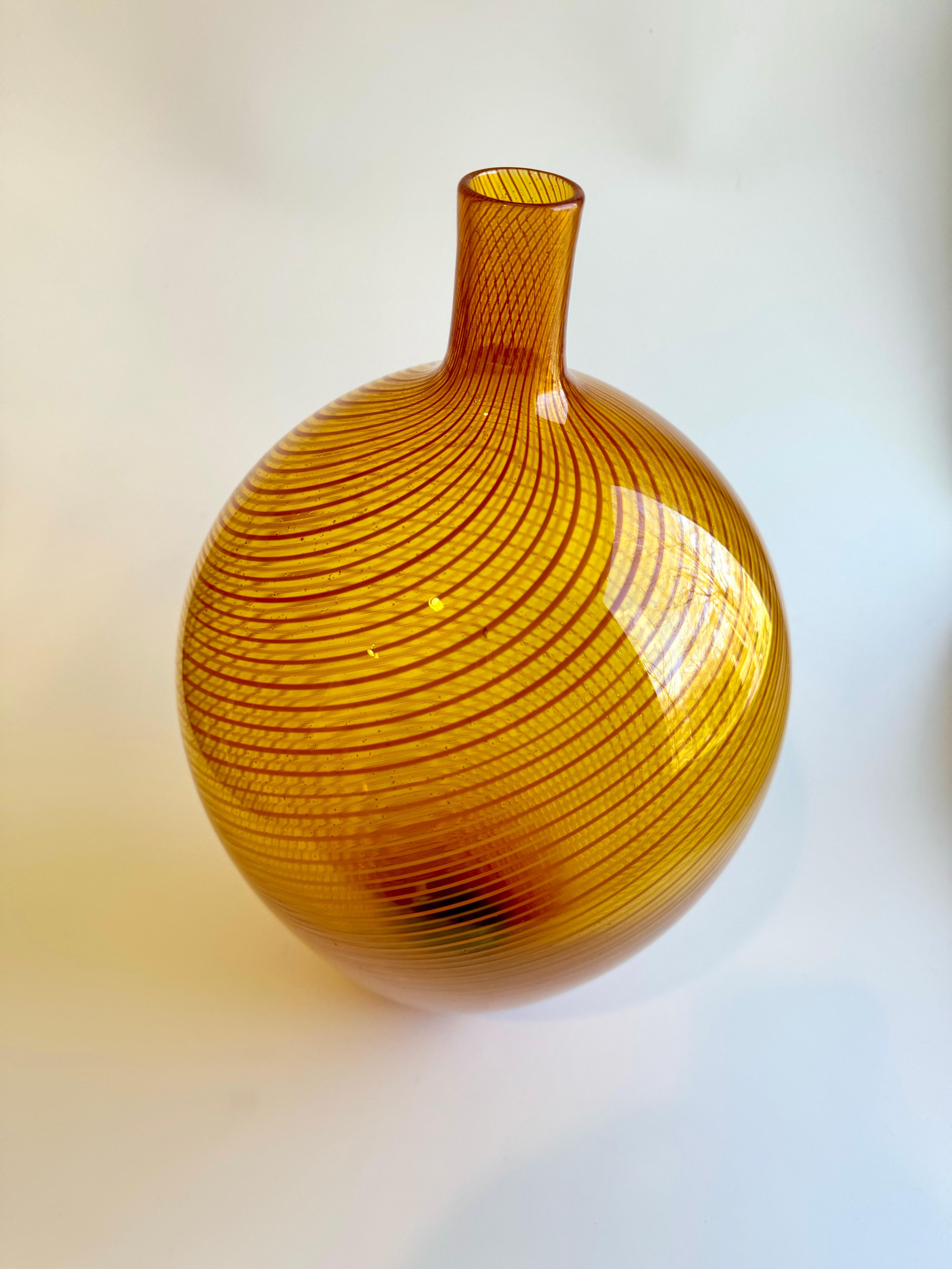 20th Century Large Orange Nine Iron Studios MCM Art Glass Vase Swirl For Sale