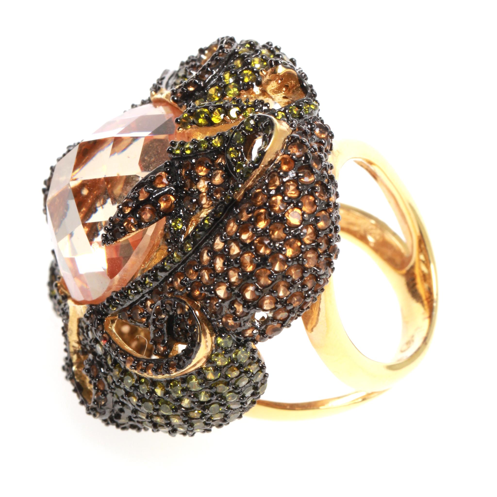 Large orange stone surrounded with yellow, black and orange CZ In Good Condition For Sale In Melbourne, Victoria
