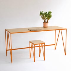 Large Orange Study Desk with Natural Linoleum Top, Customizable Writing Table