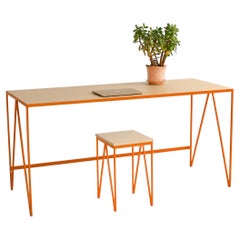 Large Orange Study Desk with Natural Linoleum Top, Customizable Writing Table