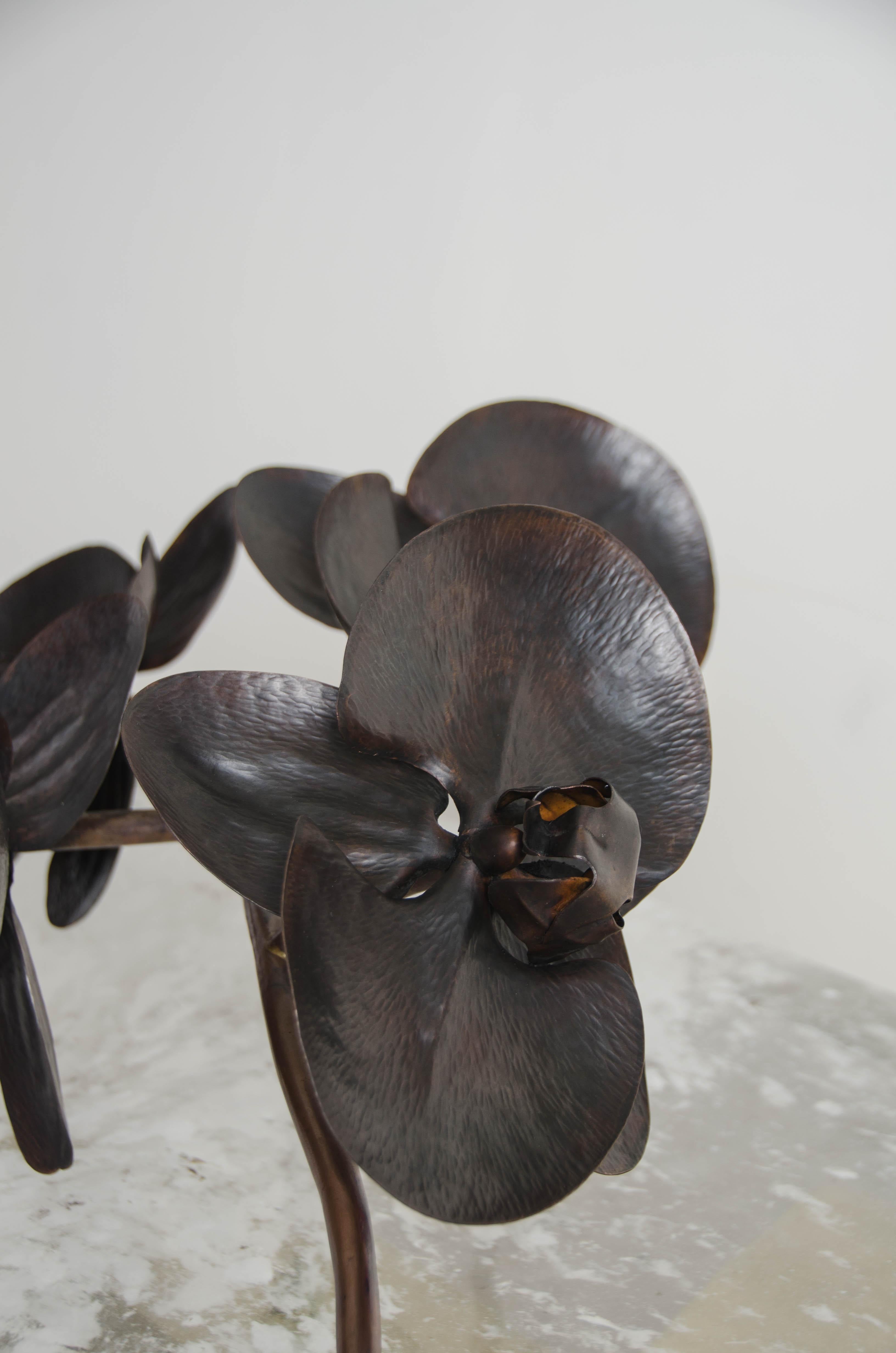 Repoussé Large Orchid Sculpture by Robert Kuo, Hand Repoussé Copper, Limited Edition