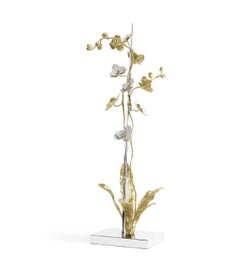 Large Orchid Sculpture in Brass, White Enamel and Stainless Steel
