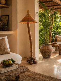 Large Organic Bamboo & Handwoven Rattan Floor Lamp on Root Wood Base, 1950s