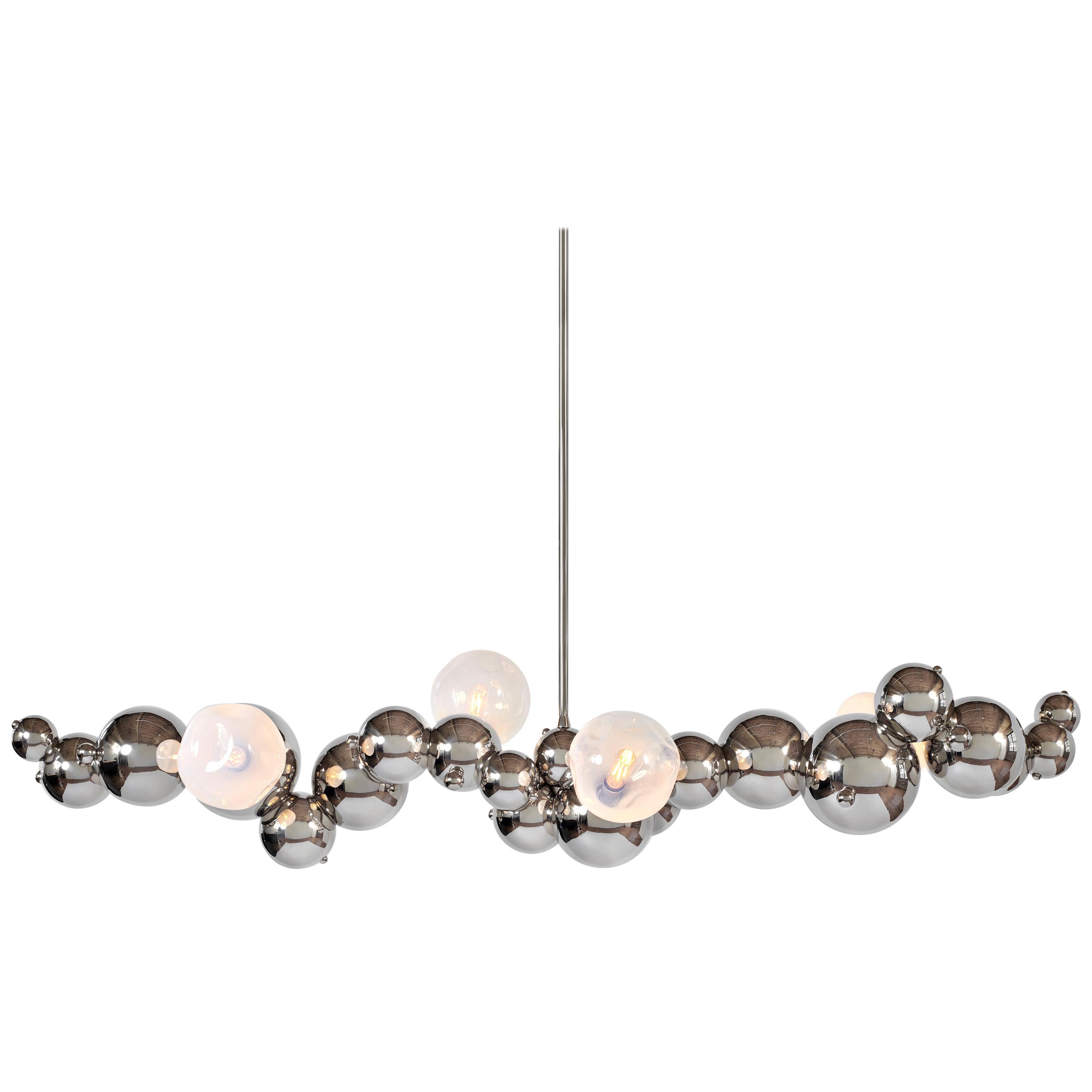 Large Organic "Bubbly" Linear Chandelier in Polished Nickel with Opal Glass