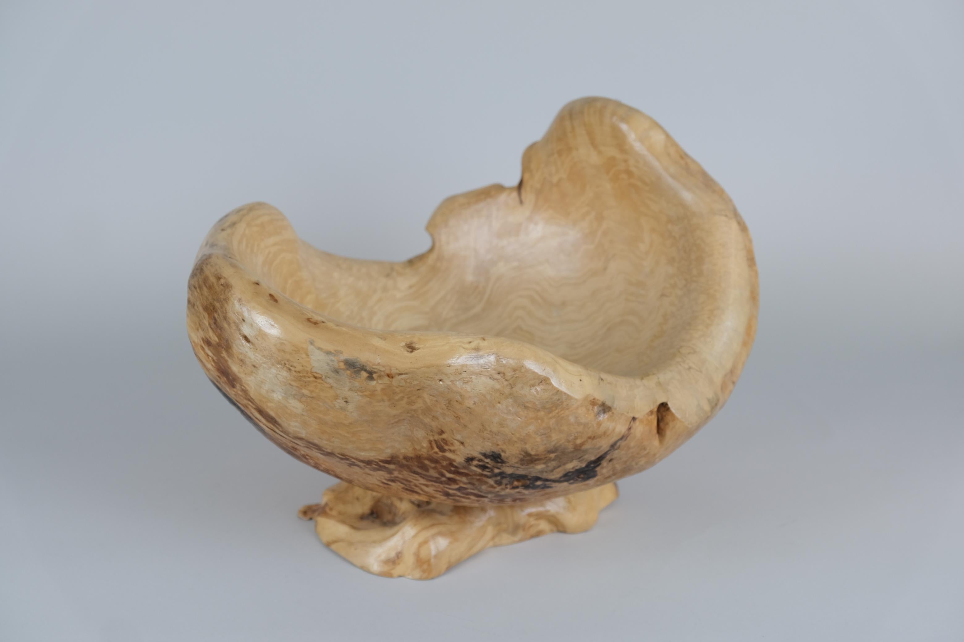 Un gran cuenco de madera de burl con una forma orgánica natural tallada y colocada sobre una base de madera de burl. Esta pieza es obra de Tauno Kiukas, de la región de Savo Meridional, en el distrito de los lagos de Finlandia, en 2013. Aunque no es