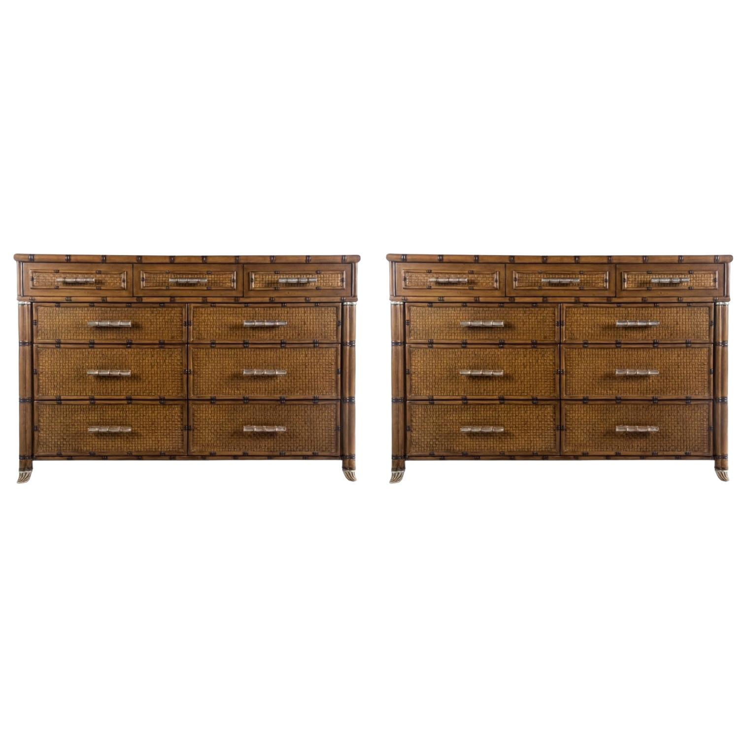 20th Century Large Organic Coastal Faux Bamboo Rattan Chests / Commodes / Cabinets - Pair For Sale