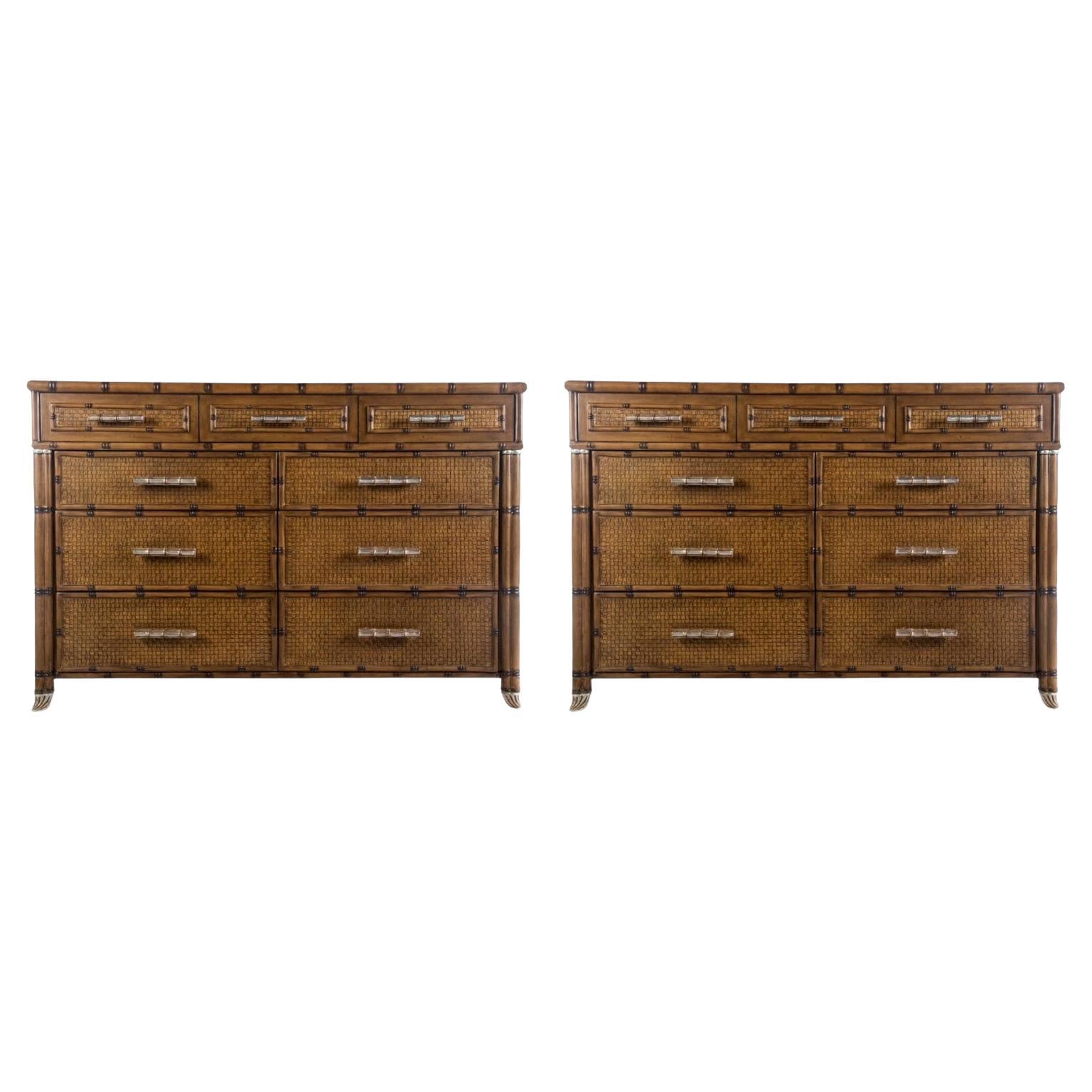 Large Organic Coastal Faux Bamboo Rattan Chests / Commodes / Cabinets - Pair