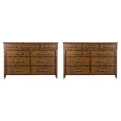 Vintage Large Organic Coastal Faux Bamboo Rattan Chests / Commodes / Cabinets - Pair