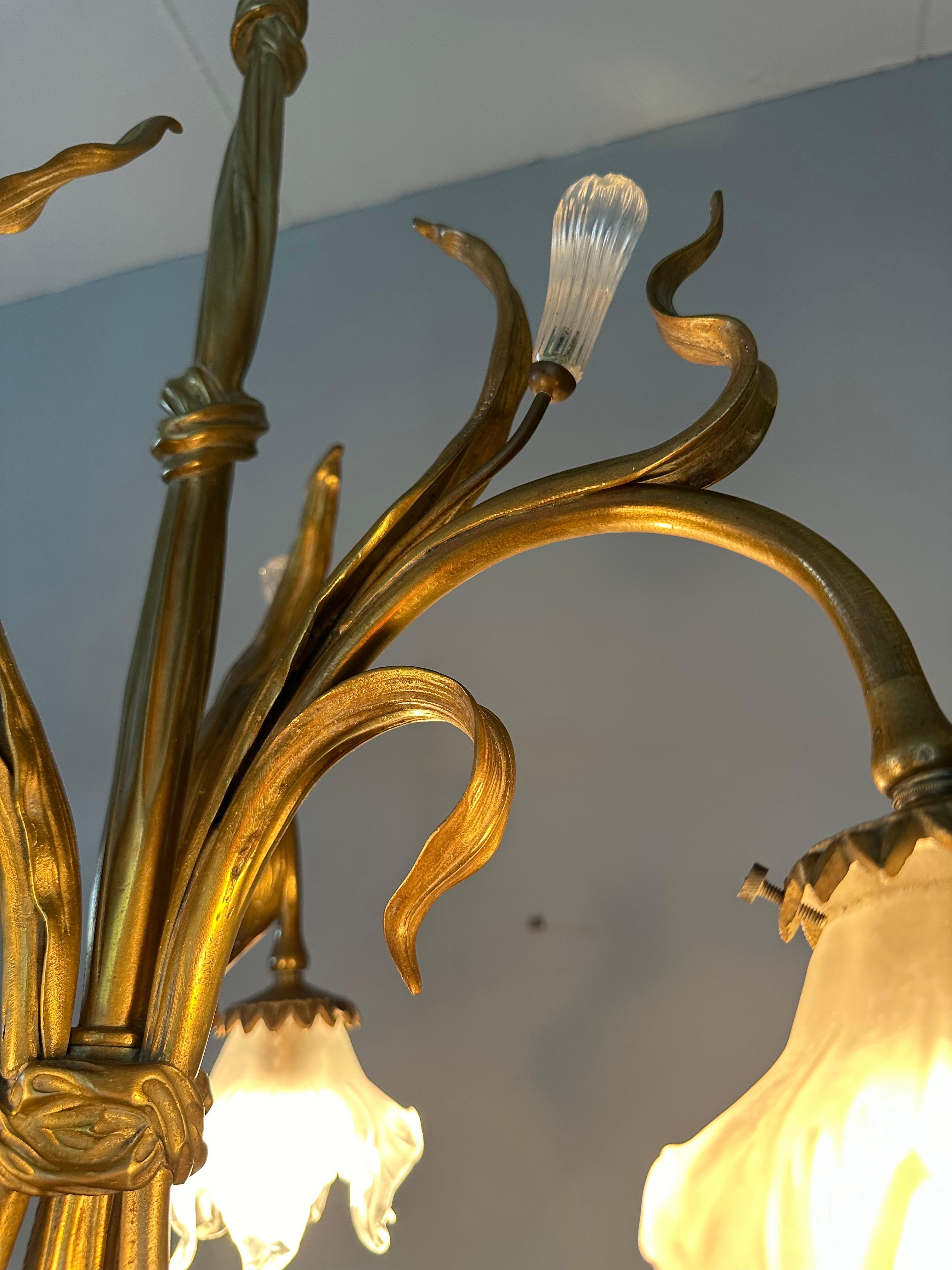 Large & Organic Design Bronze Art Nouveau Chandelier with Glass Flower Shades For Sale 3