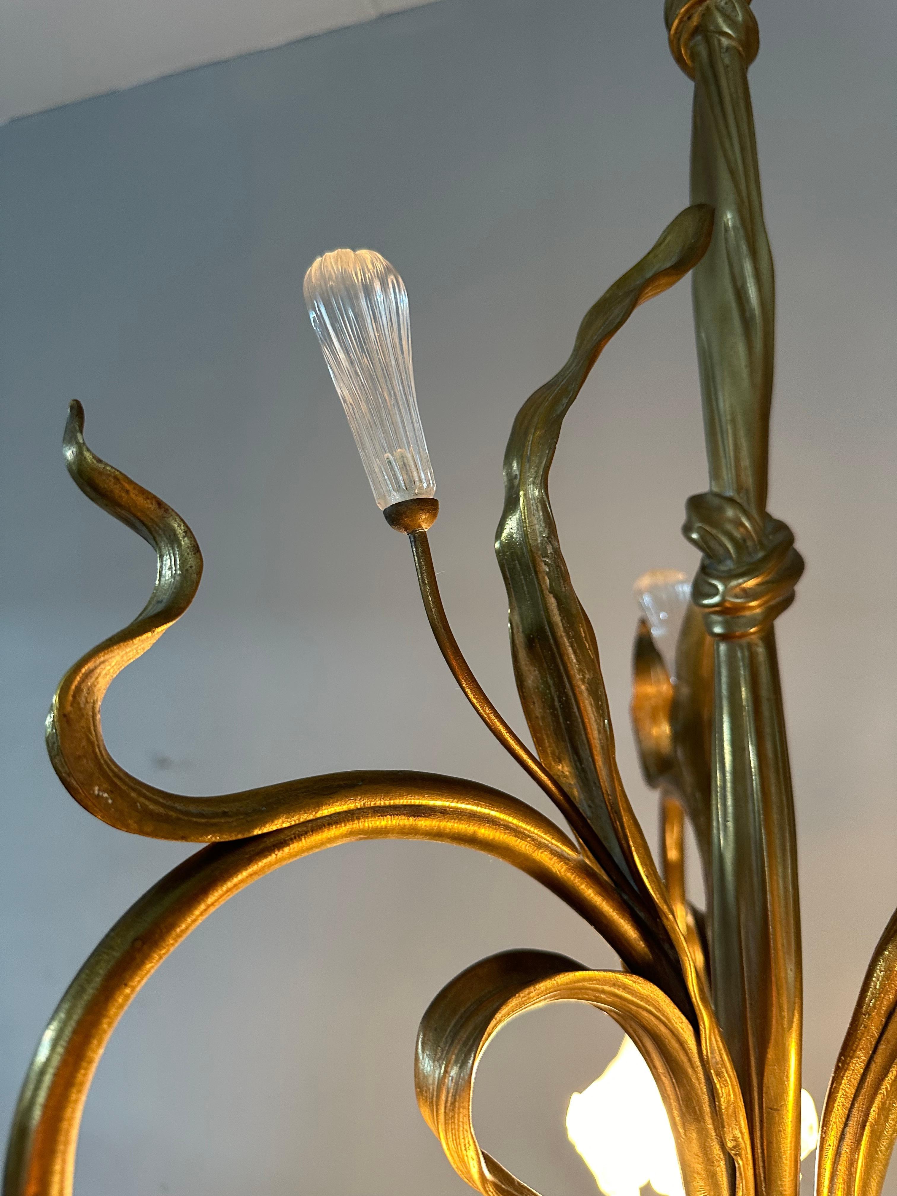 Large & Organic Design Bronze Art Nouveau Chandelier with Glass Flower Shades For Sale 4
