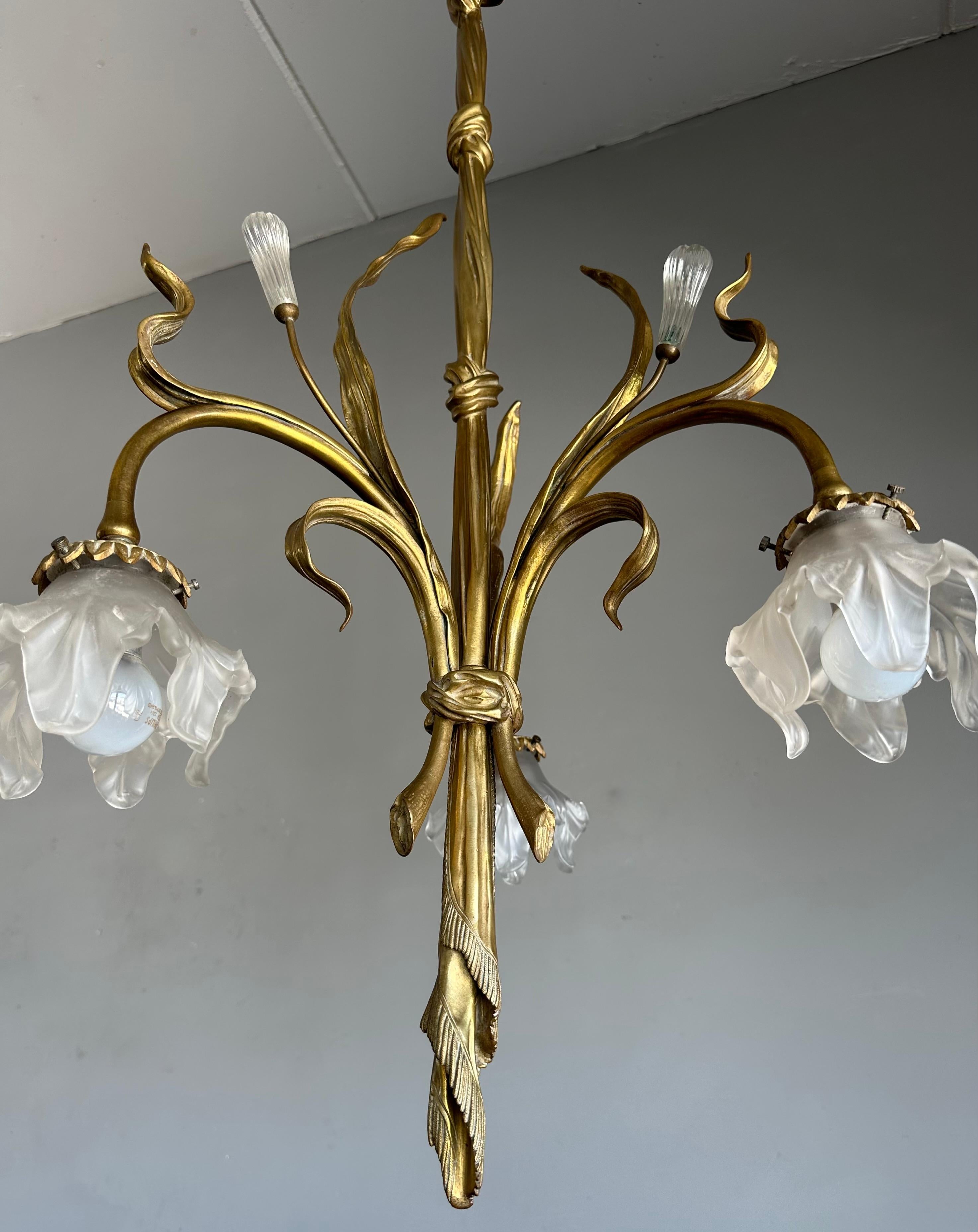 Large & Organic Design Bronze Art Nouveau Chandelier with Glass Flower Shades For Sale 5