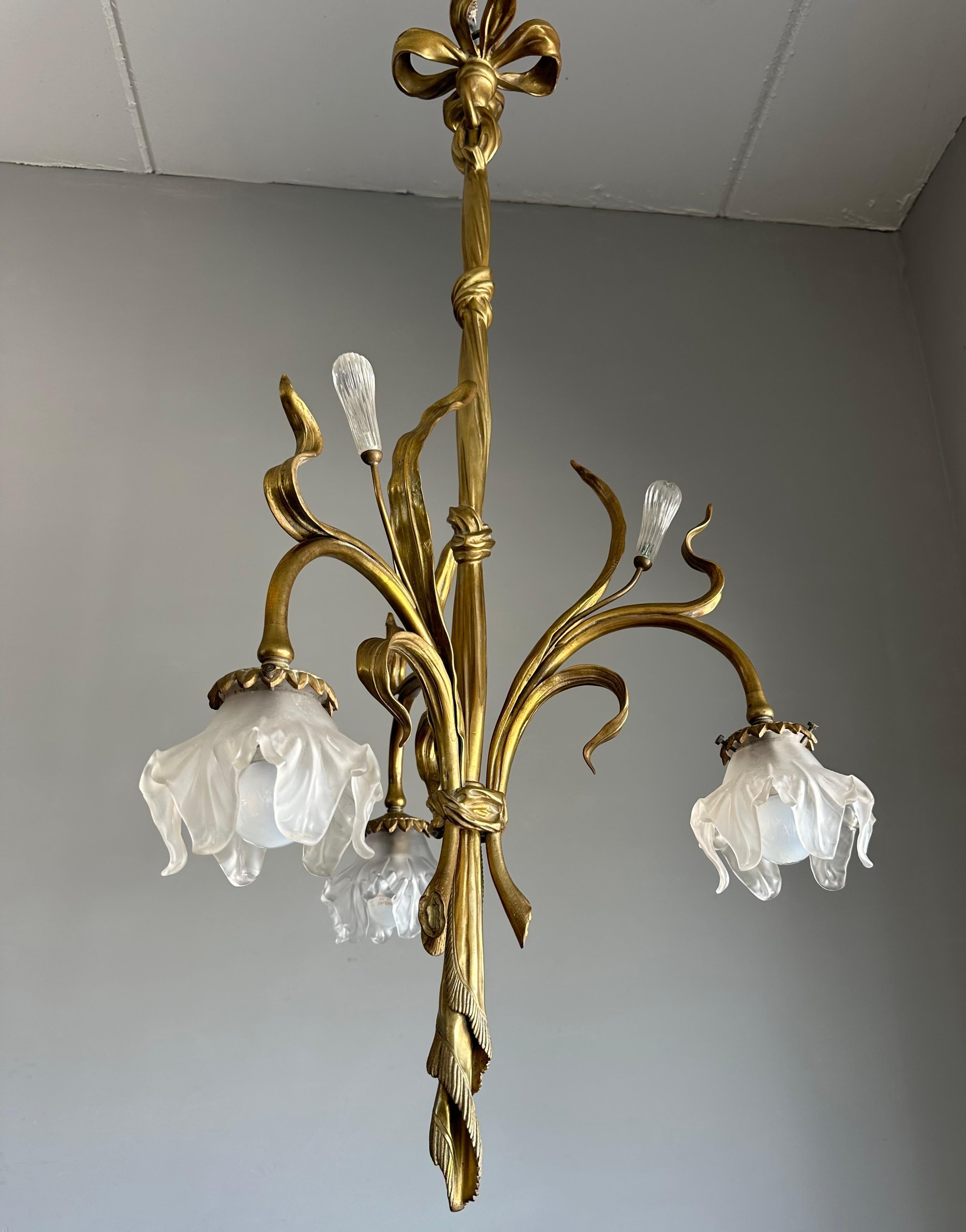 Large & Organic Design Bronze Art Nouveau Chandelier with Glass Flower Shades For Sale 6