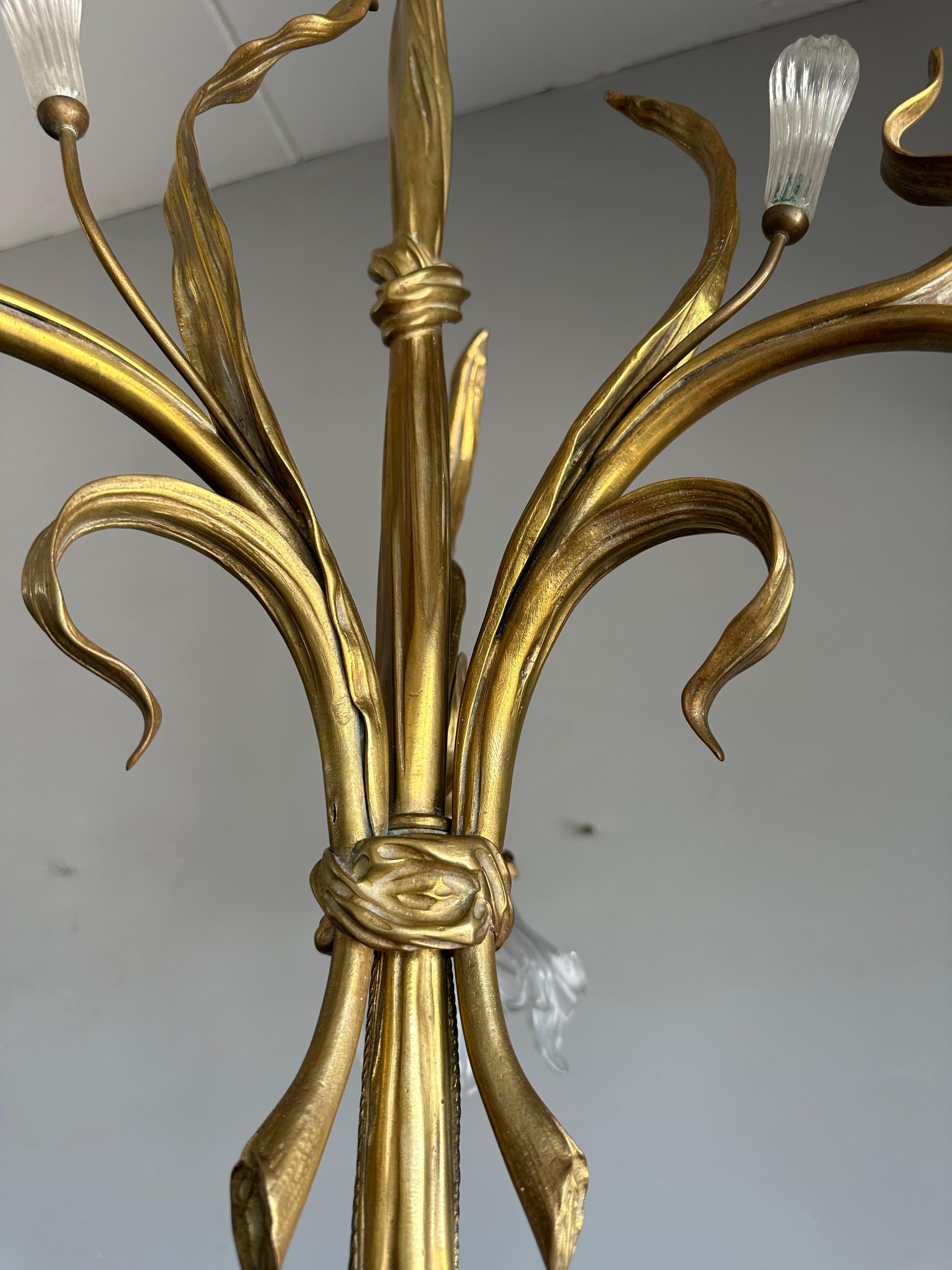 Large & Organic Design Bronze Art Nouveau Chandelier with Glass Flower Shades For Sale 7