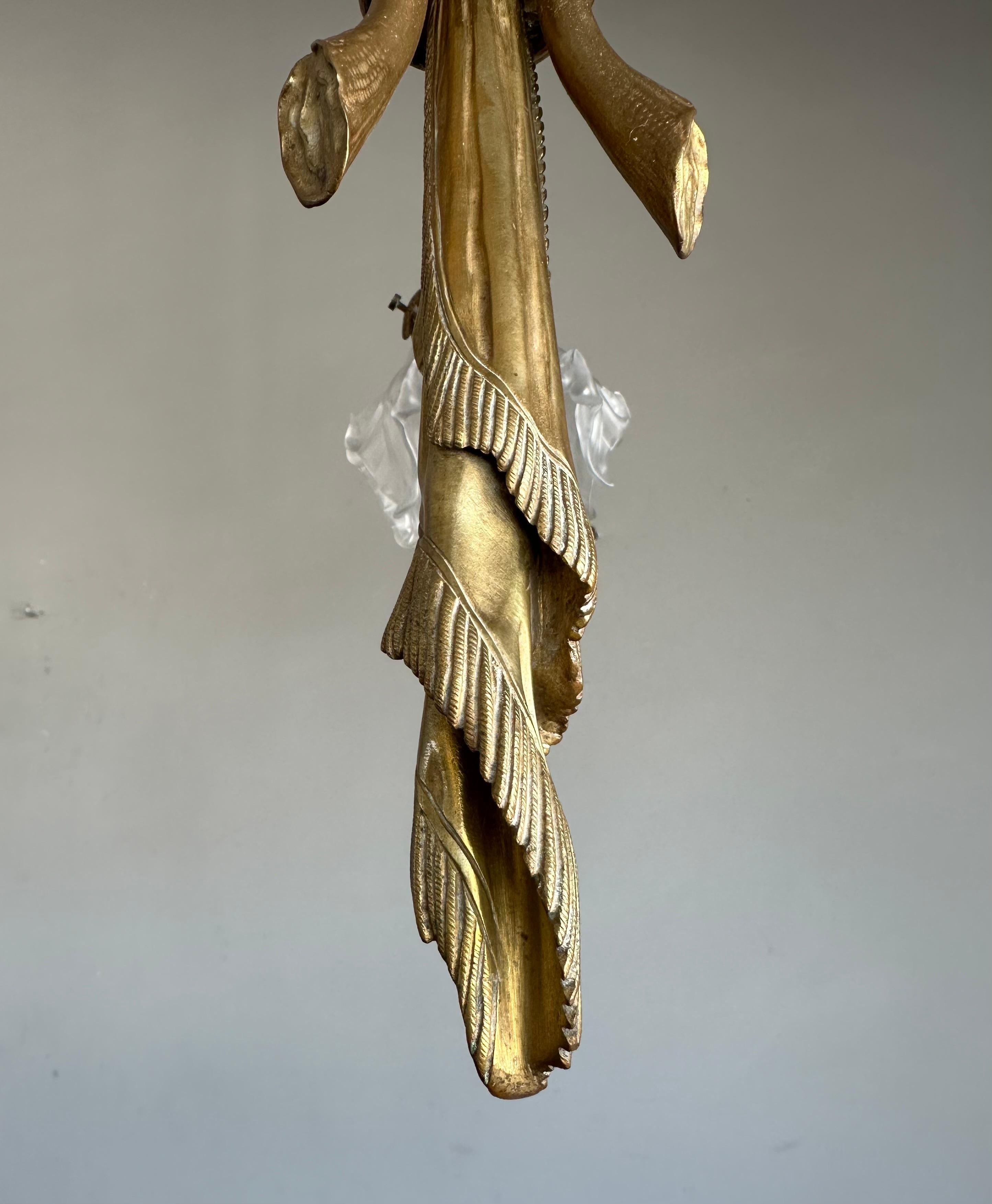 Large & Organic Design Bronze Art Nouveau Chandelier with Glass Flower Shades For Sale 8