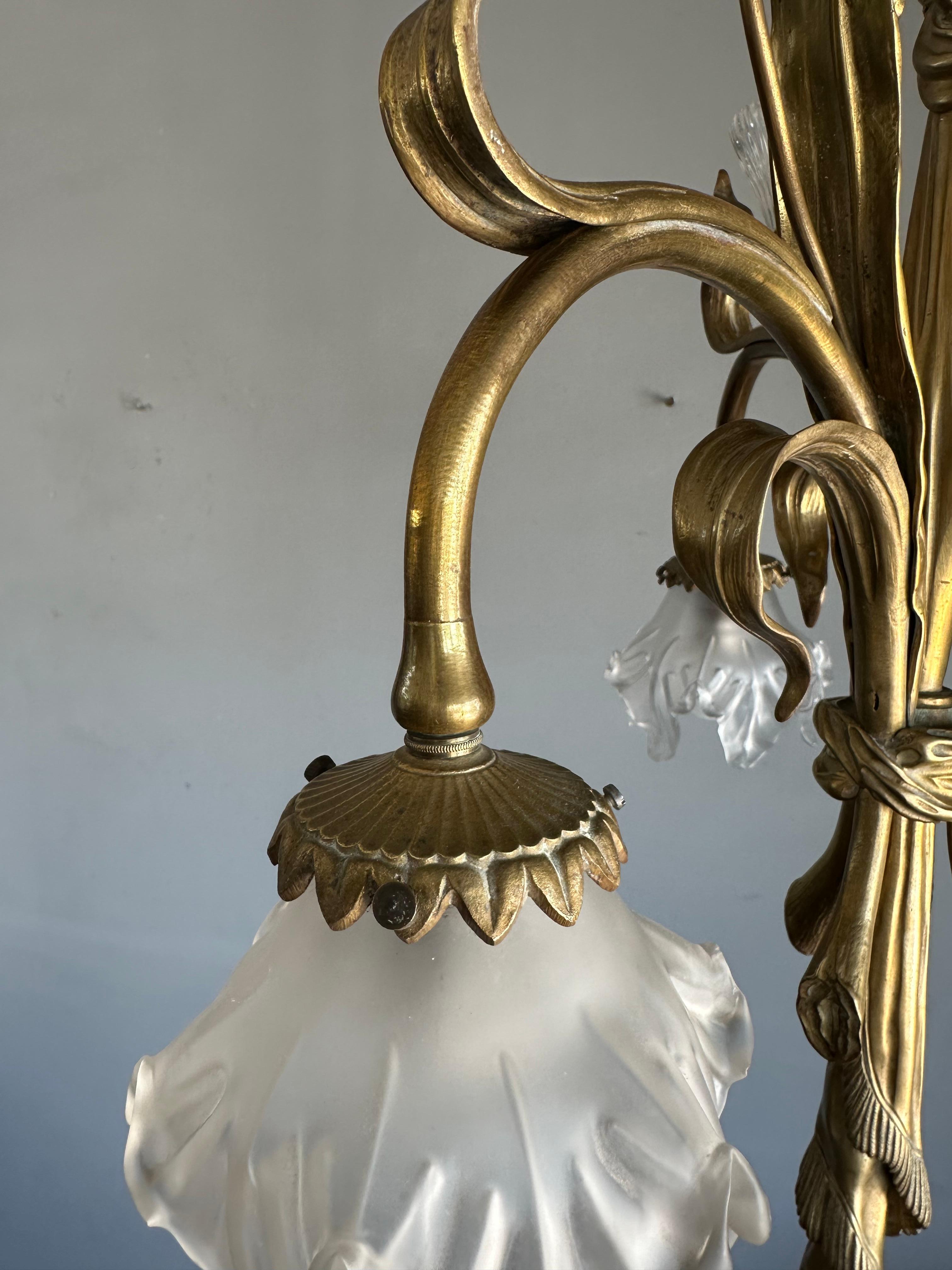 Large & Organic Design Bronze Art Nouveau Chandelier with Glass Flower Shades For Sale 9