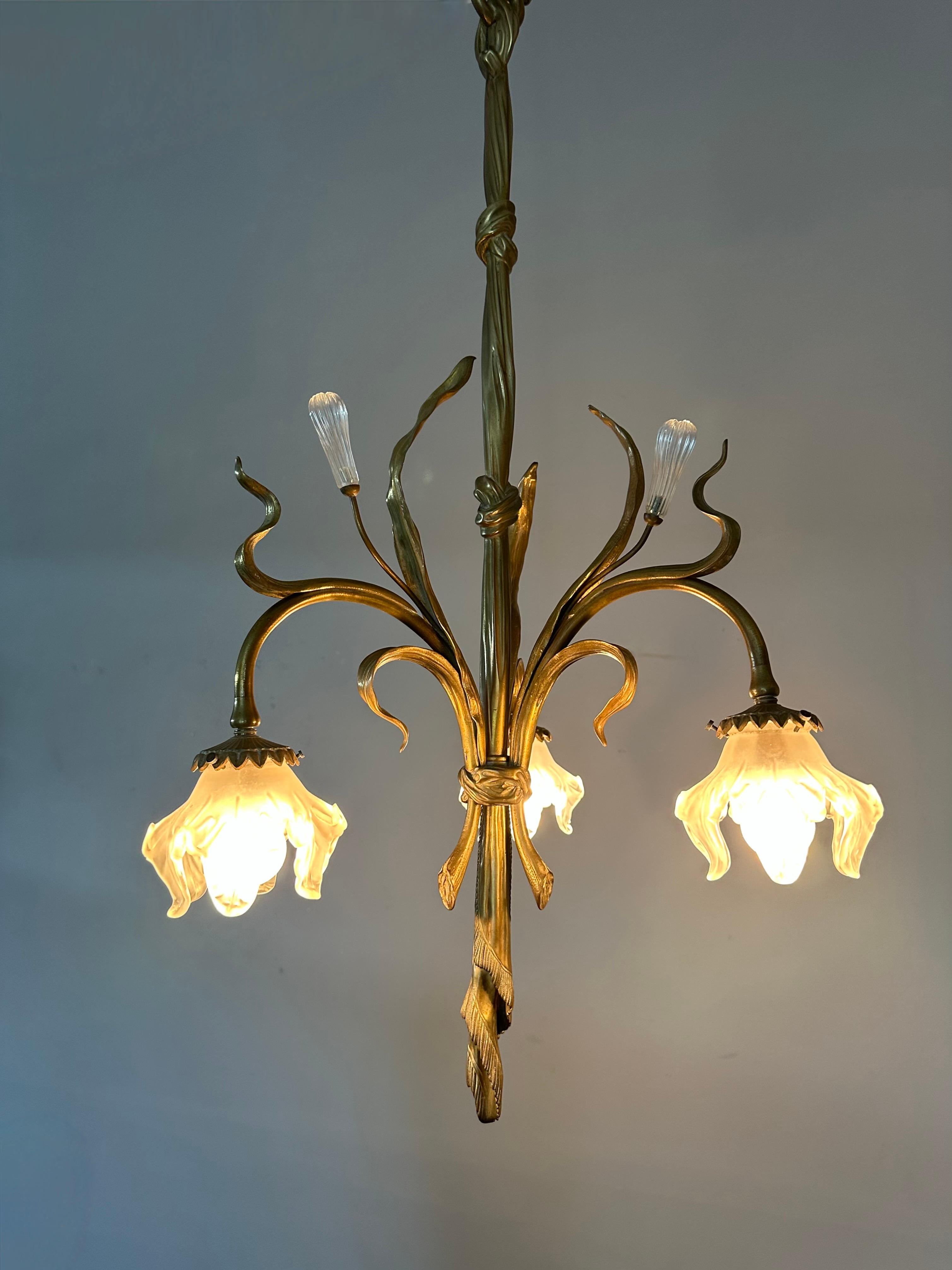 Large & Organic Design Bronze Art Nouveau Chandelier with Glass Flower Shades For Sale 10