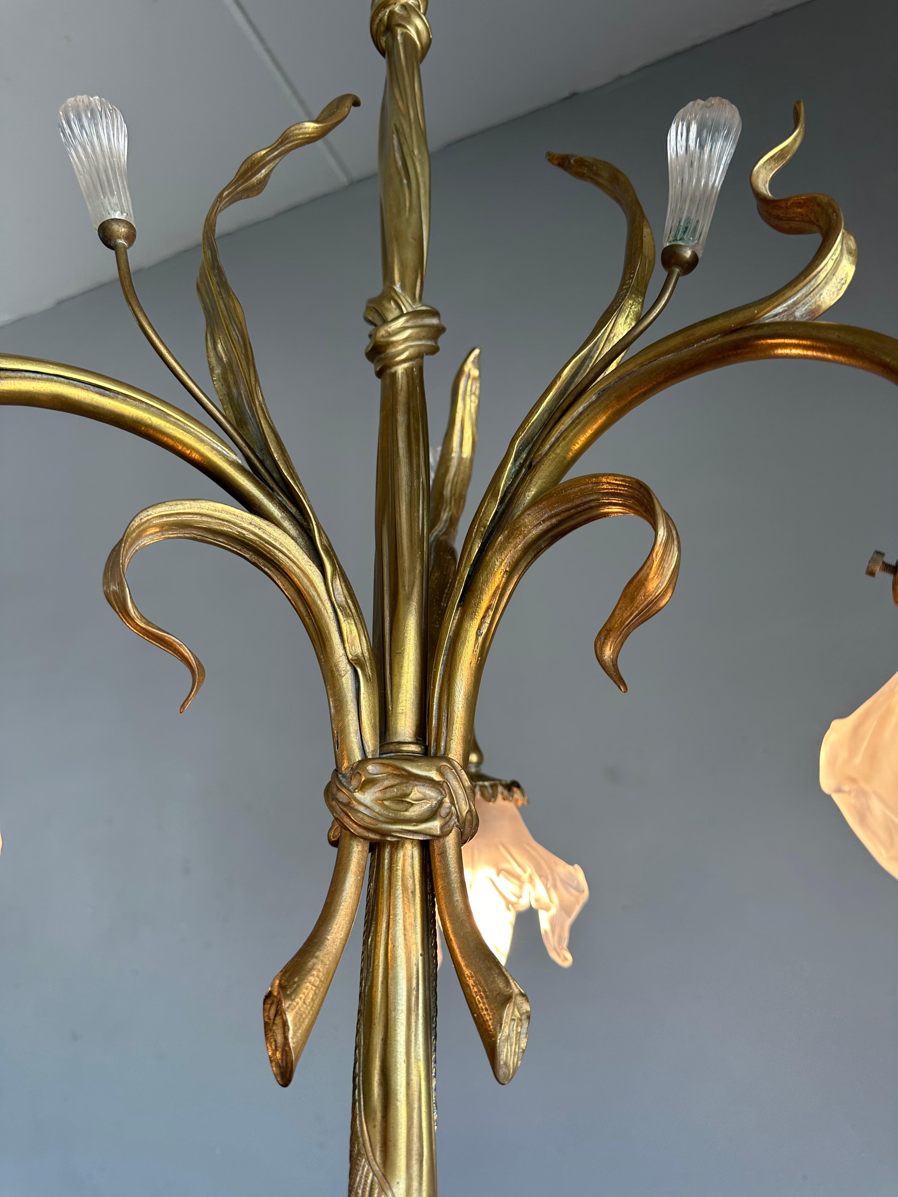 Large & Organic Design Bronze Art Nouveau Chandelier with Glass Flower Shades For Sale 11