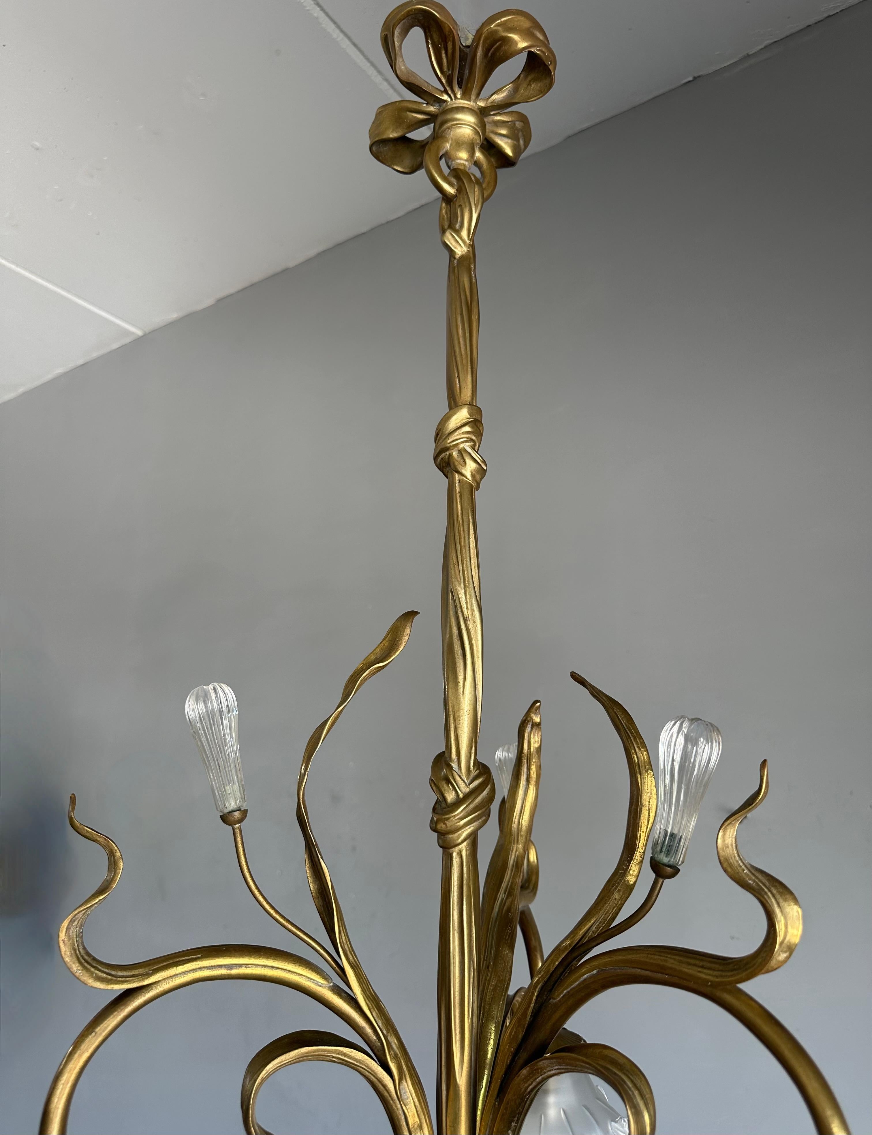 Large & Organic Design Bronze Art Nouveau Chandelier with Glass Flower Shades For Sale 12