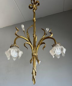 Großer & organischer Jugendstil-Kronleuchter aus Bronze mit Glasblumenschirmen